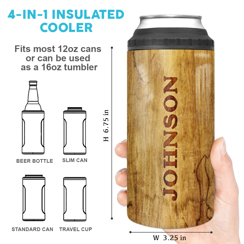 Personalized Dad 4-in-1 Can Cooler - 12oz Insulated Stainless Steel Can Coozie - Birthday Gifts Father&#39;s Day - I Like Big Bucks - Light Brown