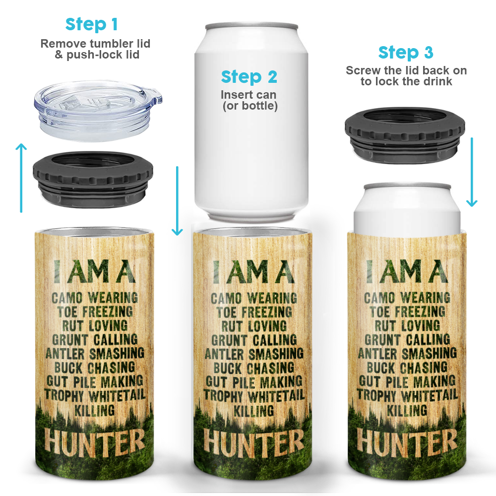 Personalized Dad 4-in-1 Can Cooler - 12oz Insulated Stainless Steel Can Coozie - Birthday Gifts Father&#39;s Day Gifts - I Am A Hunter