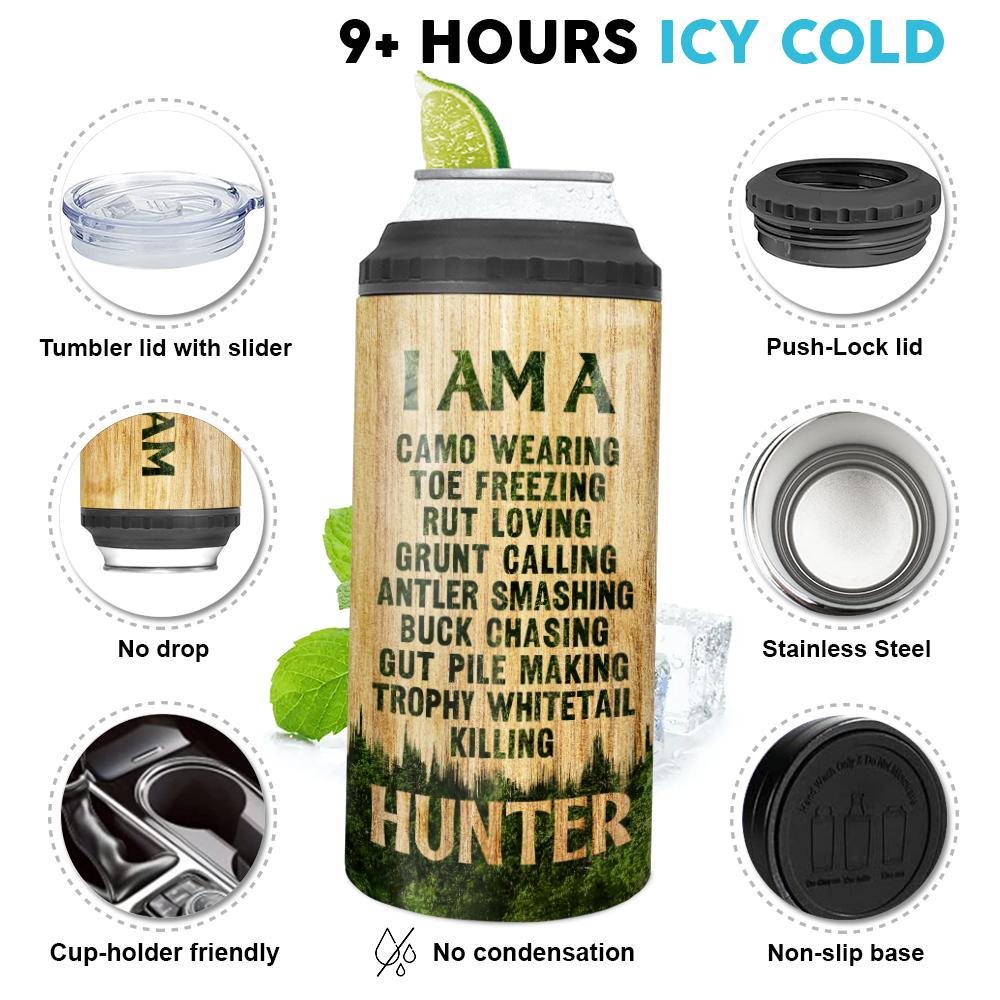 Personalized Dad 4-in-1 Can Cooler - 12oz Insulated Stainless Steel Can Coozie - Birthday Gifts Father&#39;s Day Gifts - I Am A Hunter