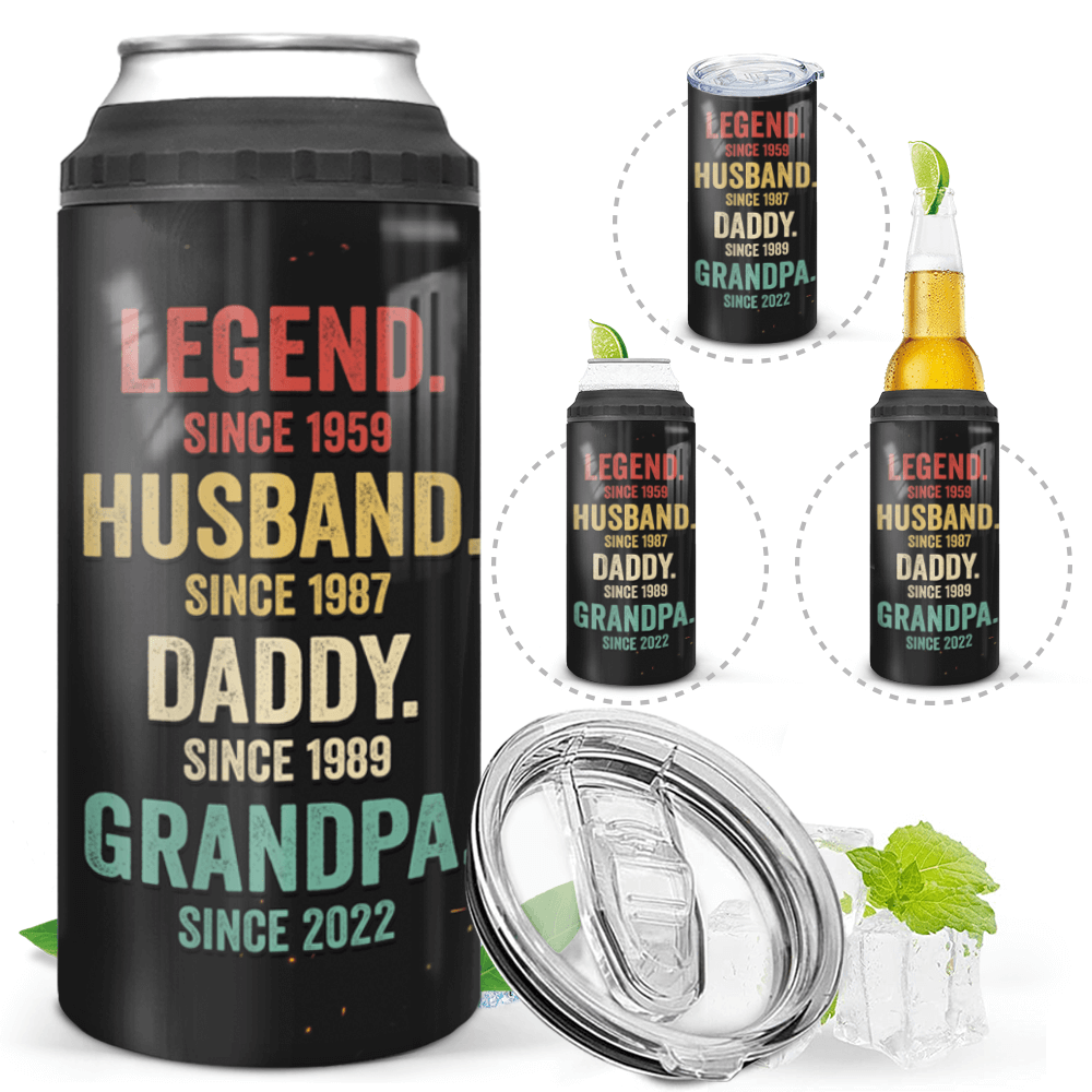 Personalized Grandpa Can Cooler - 12oz Insulated Stainless Steel Can Coozie - Fathers Day Present For Grandpa Legend