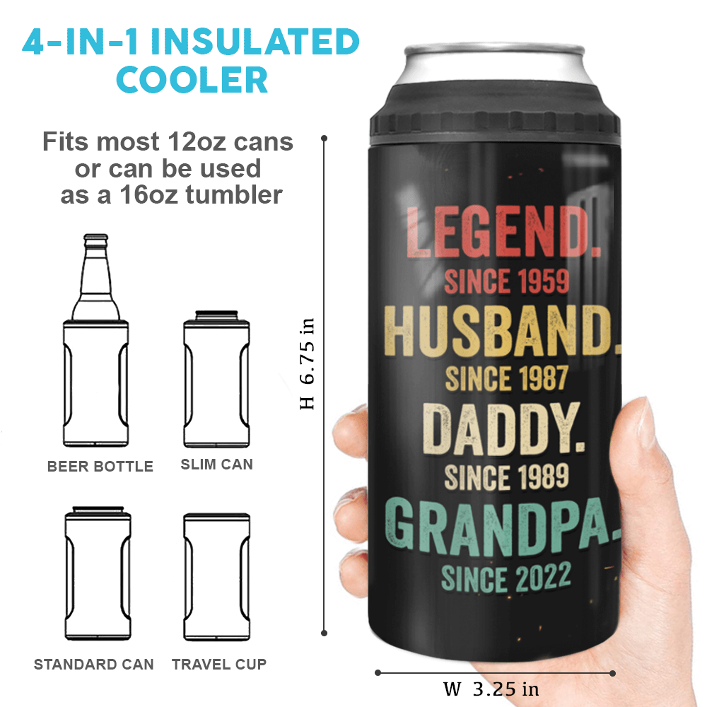 Personalized Grandpa Can Cooler - 12oz Insulated Stainless Steel Can Coozie - Fathers Day Present For Grandpa Legend