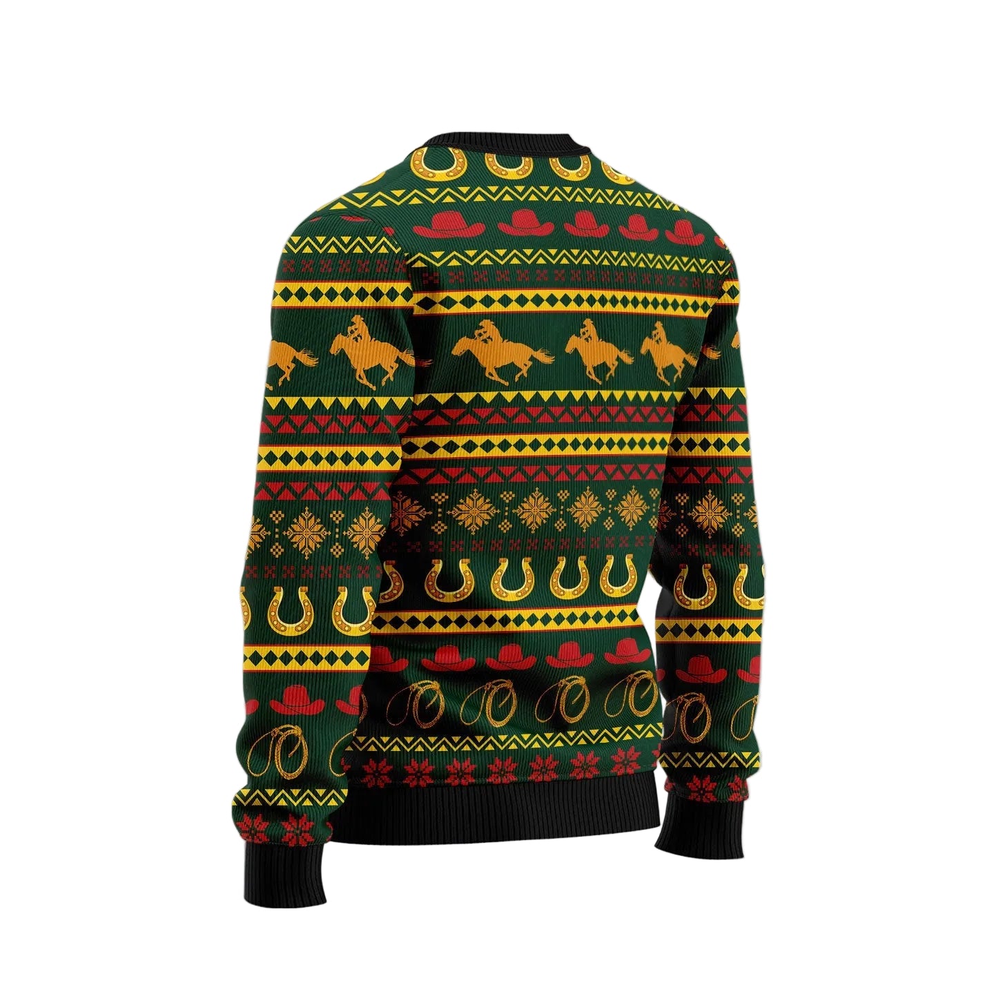 A long-sleeve crewneck sweater with a western-themed holiday pattern featuring yellow horses, horseshoes, red hats, and green and yellow geometric stripes on a black background, shown against a festive snowy backdrop.