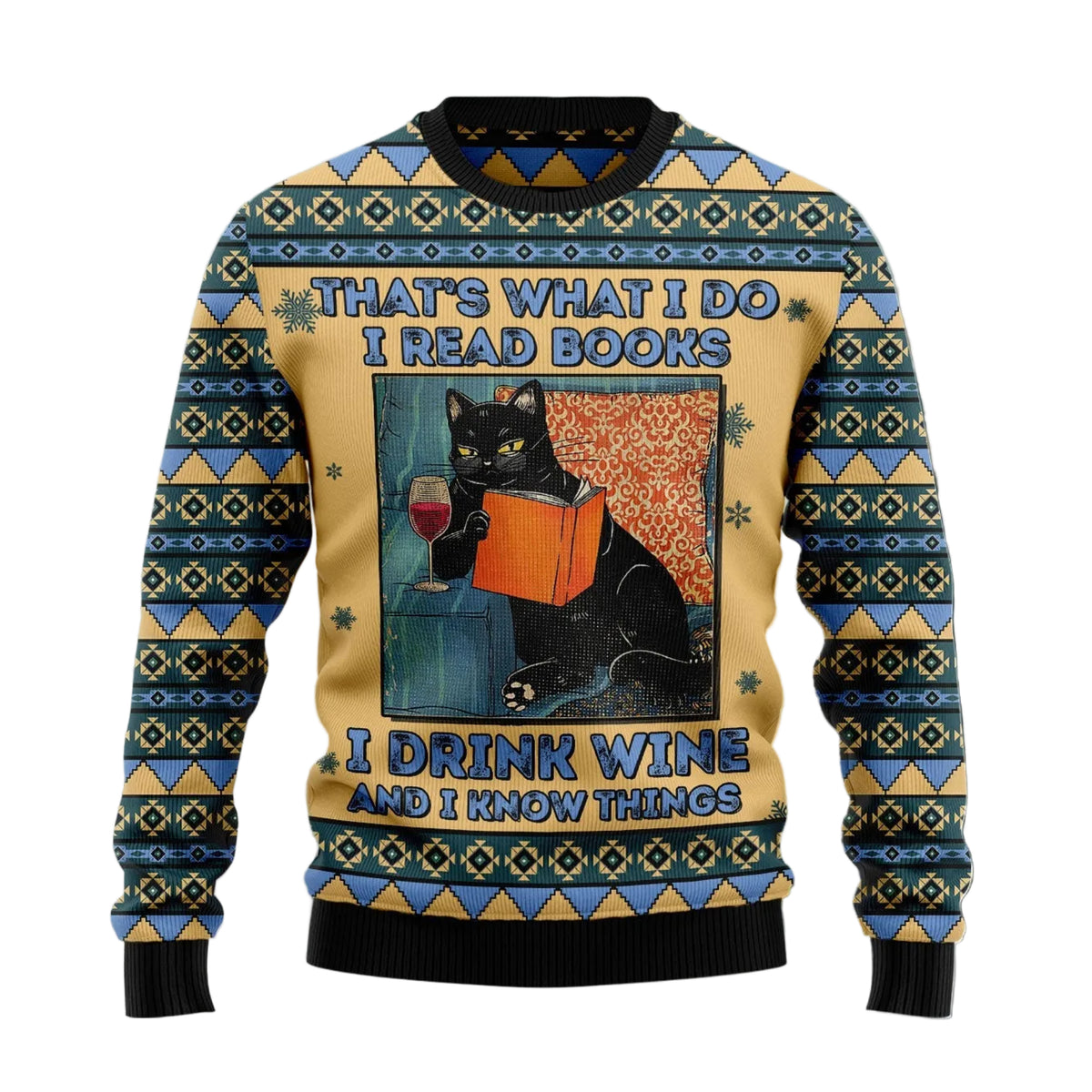 Black Cat Read Books Drink Wine Know Things Ugly Christmas Sweater, Holiday Gift for Black Cat and Book Lovers