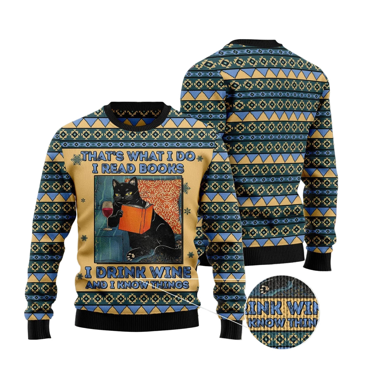 Black Cat Read Books Drink Wine Know Things Ugly Christmas Sweater, Holiday Gift for Black Cat and Book Lovers