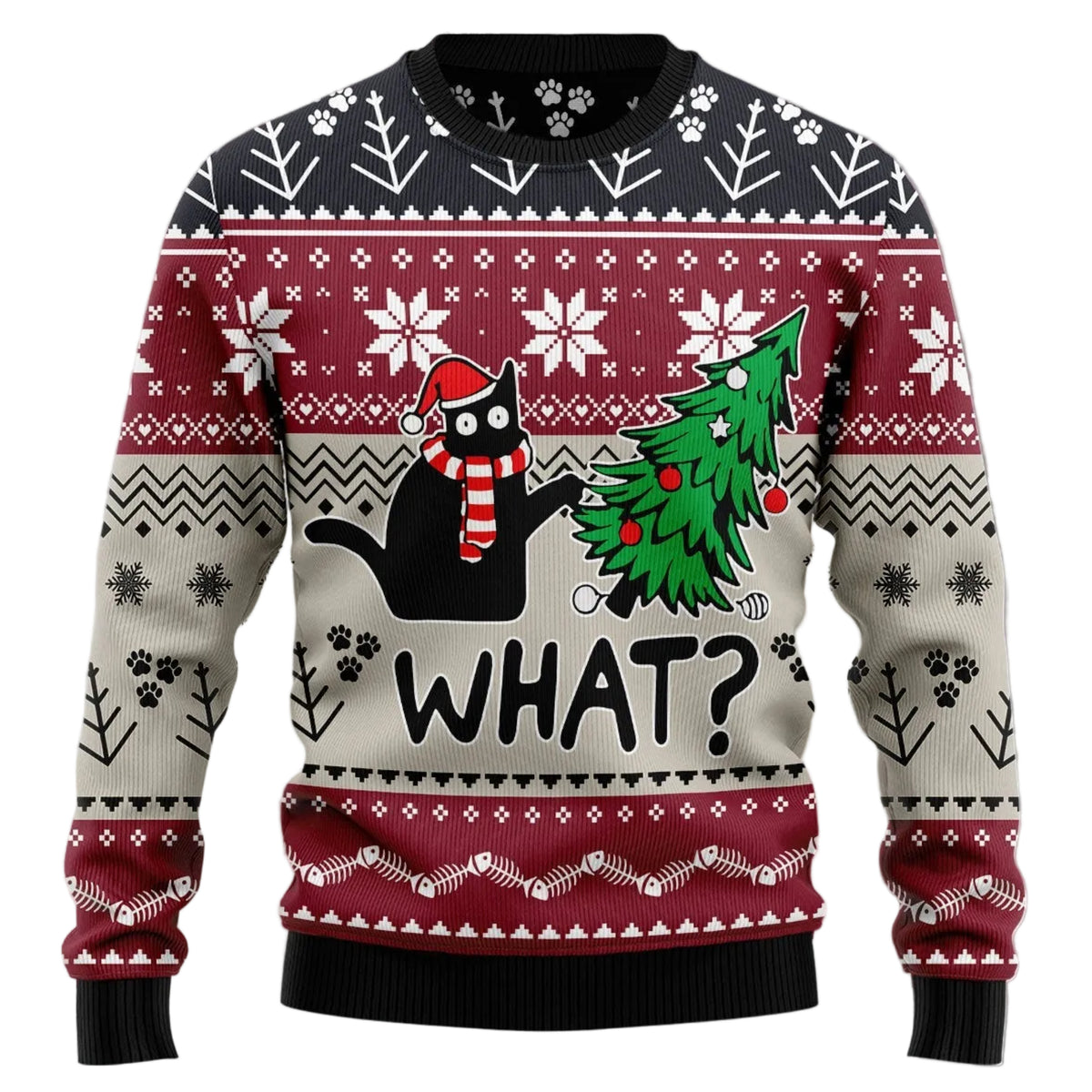 Christmas Cat What Sweater - Funny Ugly Christmas Sweater for Men and Women, Unisex Holiday Party Outfit