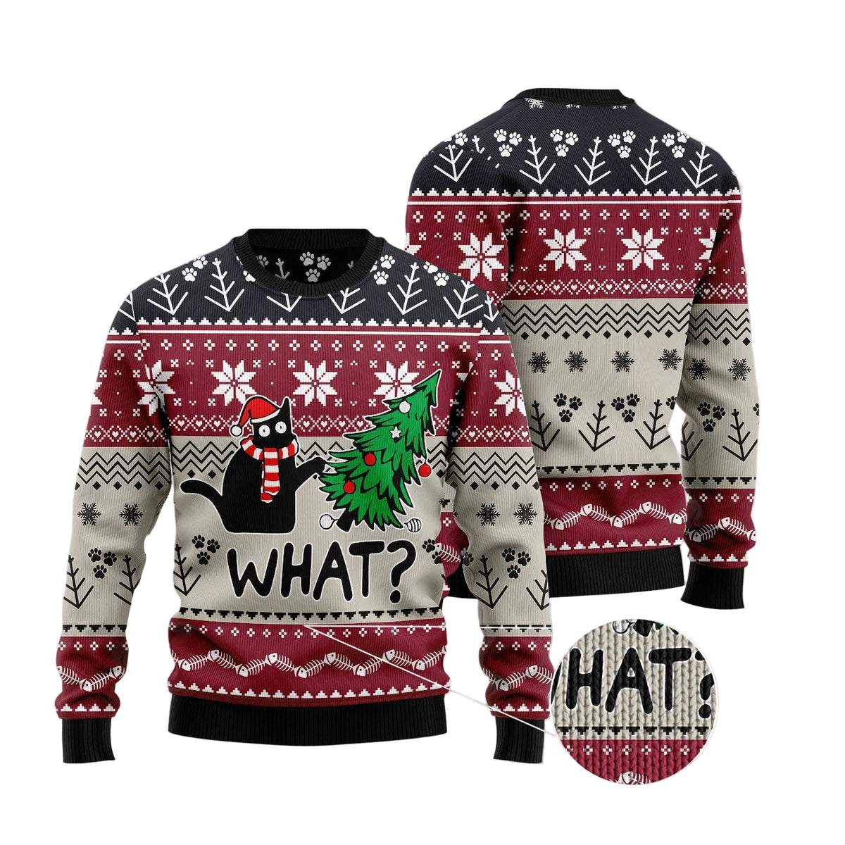 Christmas Cat What Sweater - Funny Ugly Christmas Sweater for Men and Women, Unisex Holiday Party Outfit
