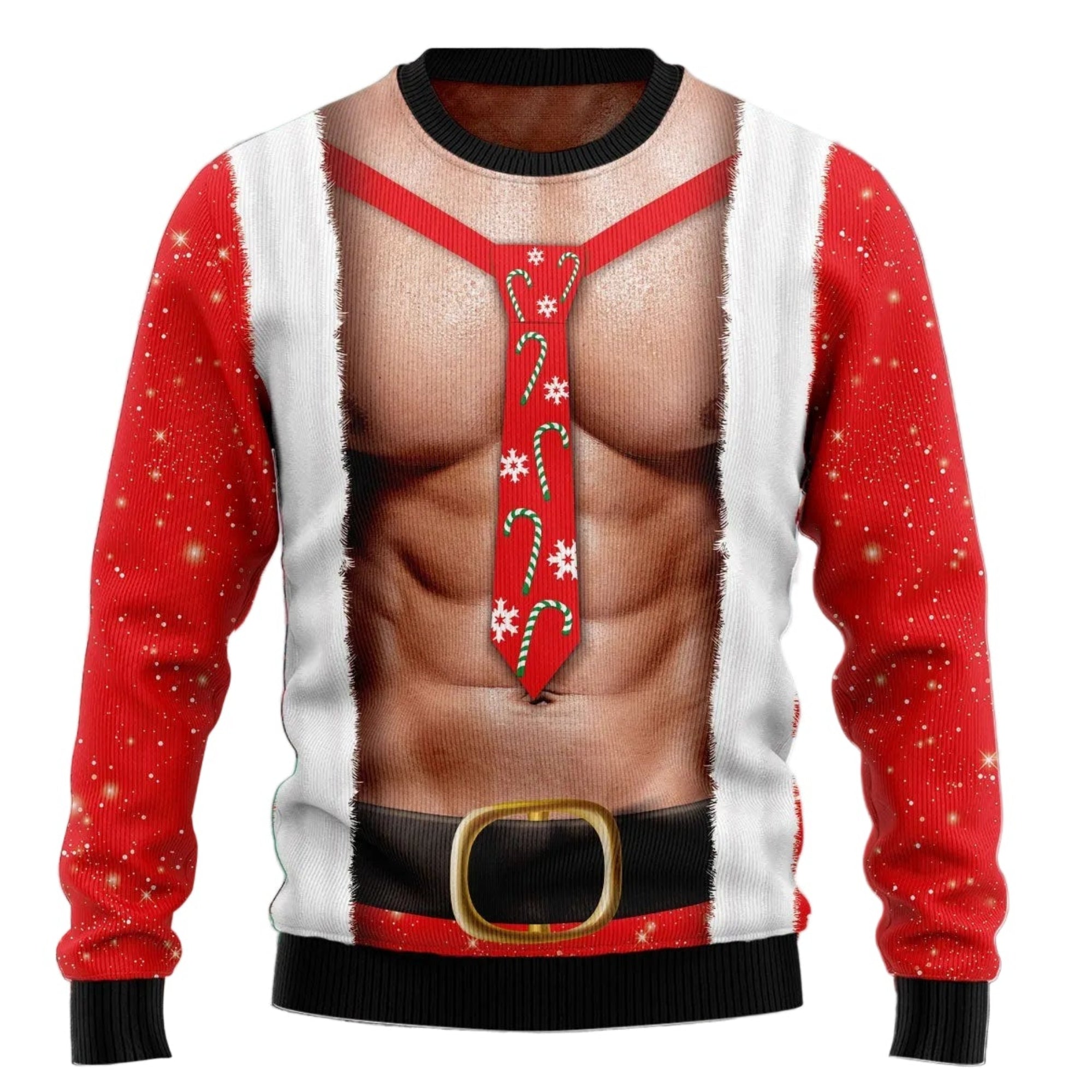 Ugly Christmas sweater with a Santa Claus design on a snowy background