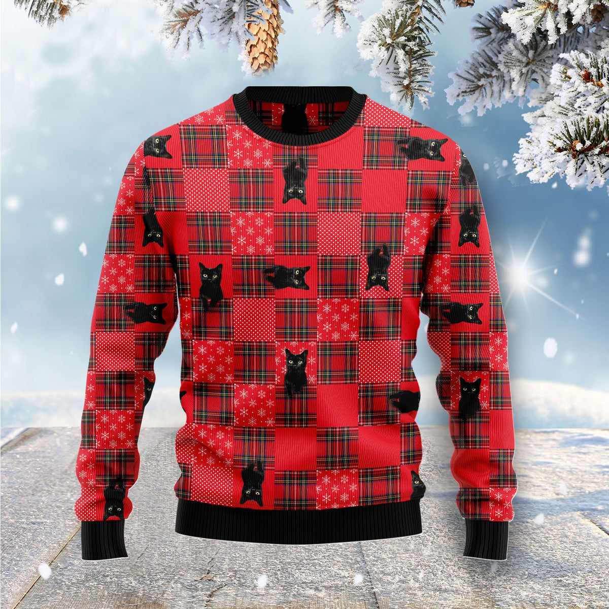 Lovely Black Cat Ugly Christmas Sweater | All-Over Print for Cat Lovers | Plus Size Party Outfit for Cat Lovers