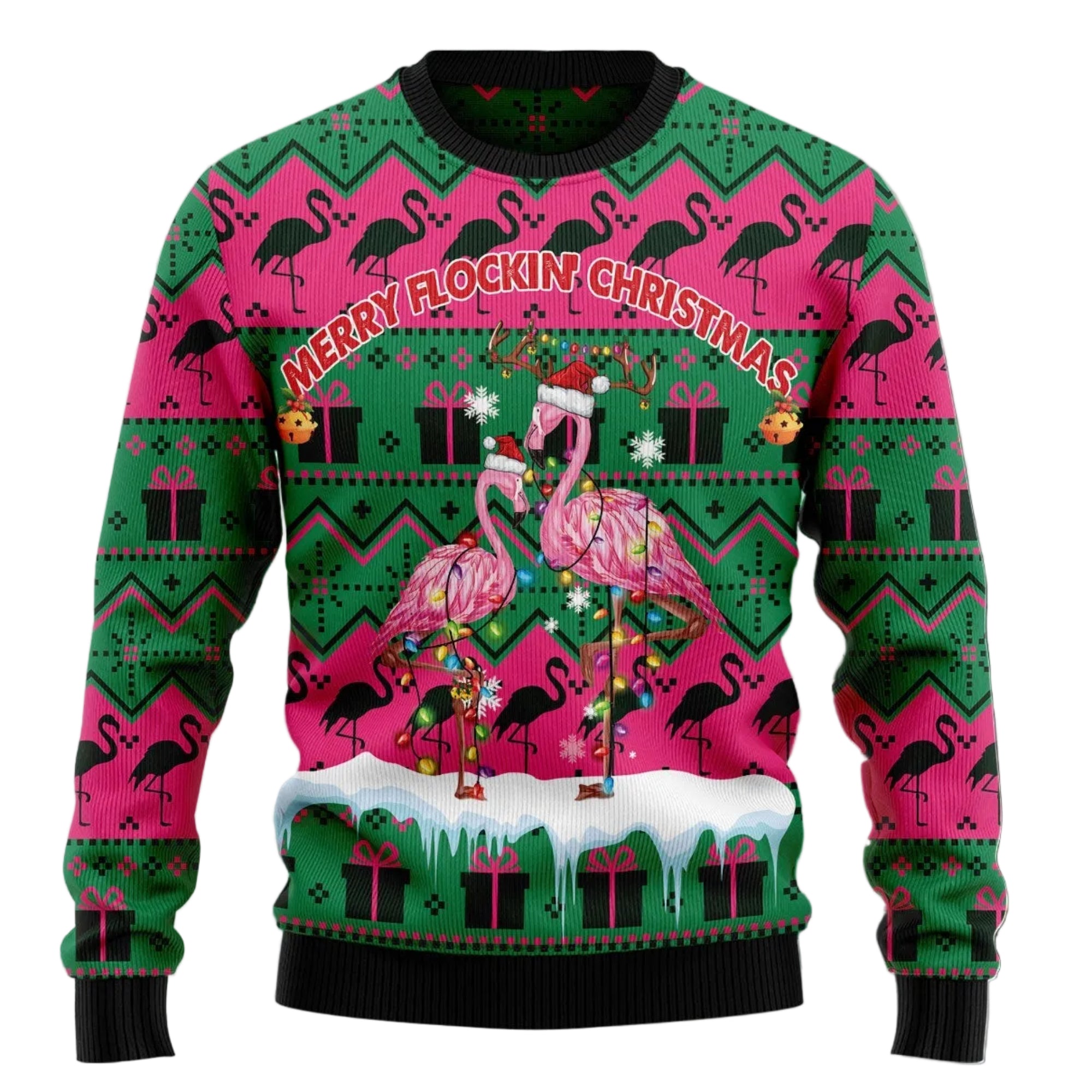 A festive long-sleeve Christmas sweater with a pink and green pattern, featuring flamingos, snow, gifts, and the text 'MERRY FLOCKIN' CHRISTMAS' across the chest, shown against a snowy holiday background.