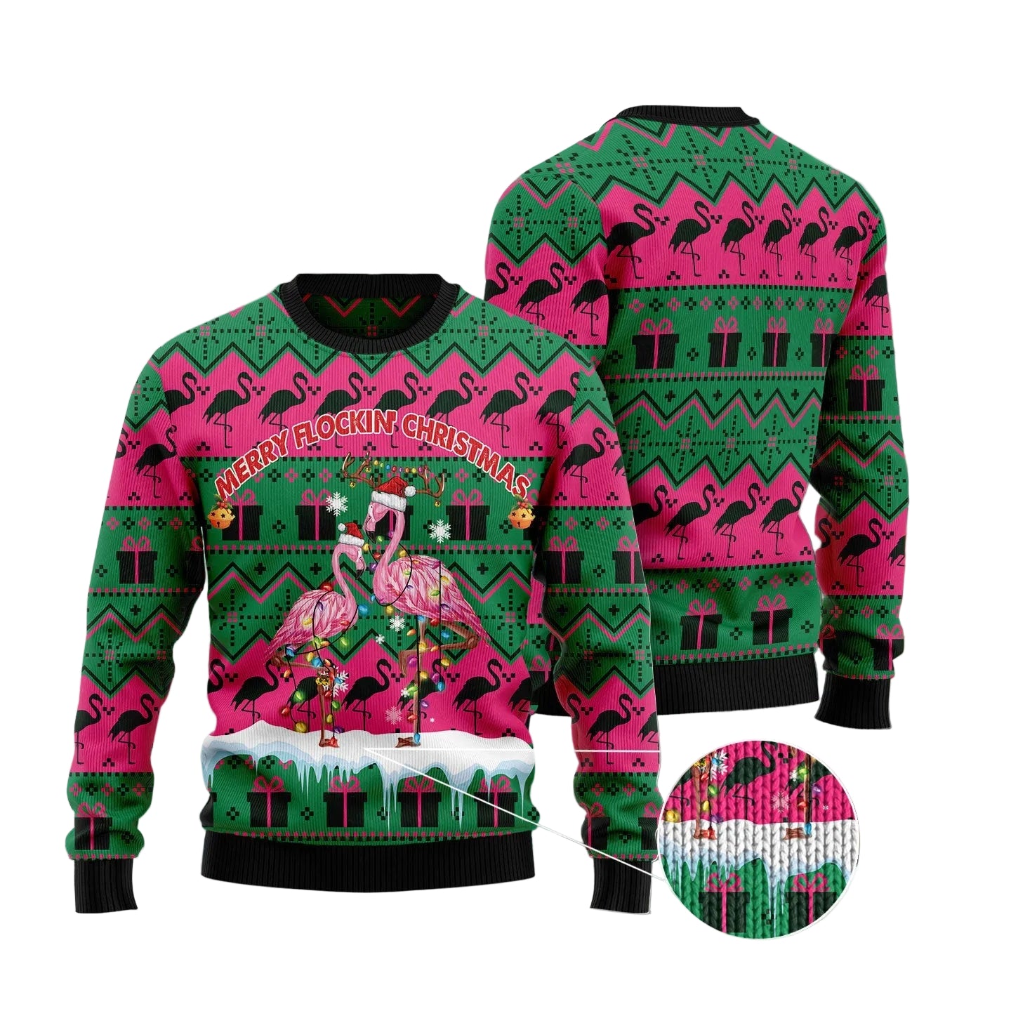 A custom Christmas sweater featuring pink and green holiday patterns with flamingos and gifts, shown from the front and back with a circular zoom-in detail inset.