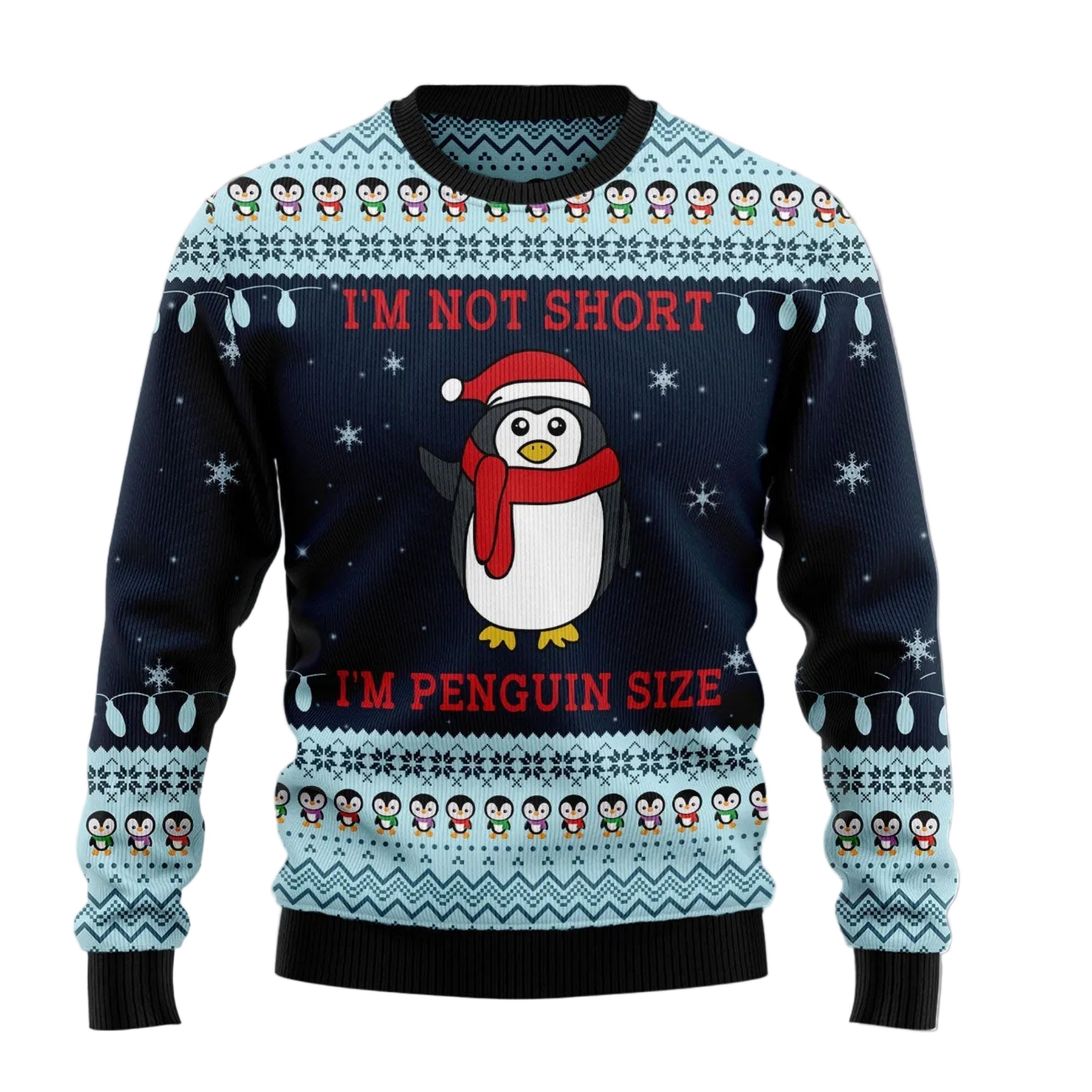 Not Short Penguin Size Ugly Christmas Sweater, Penguin Size Humor Christmas Gift for Penguin Lovers and Short Joke Fans