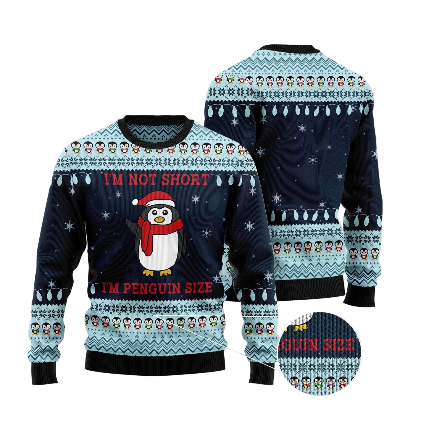 Not Short Penguin Size Ugly Christmas Sweater, Penguin Size Humor Christmas Gift for Penguin Lovers and Short Joke Fans