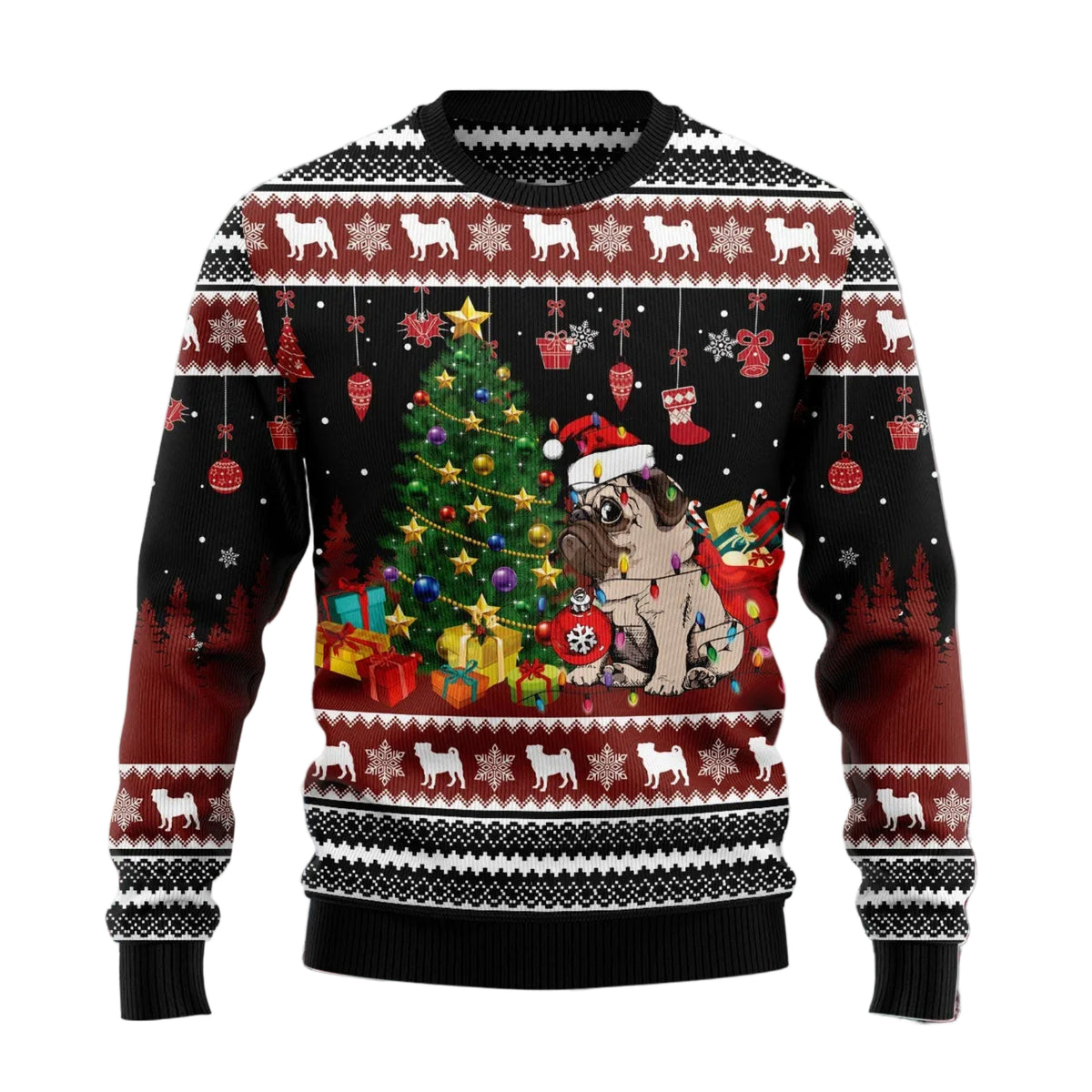 Pug Merry Christmas Ugly Christmas Sweater, Cute Pug Dog Merry Christmas Print, Holiday Party Pullover for Adults