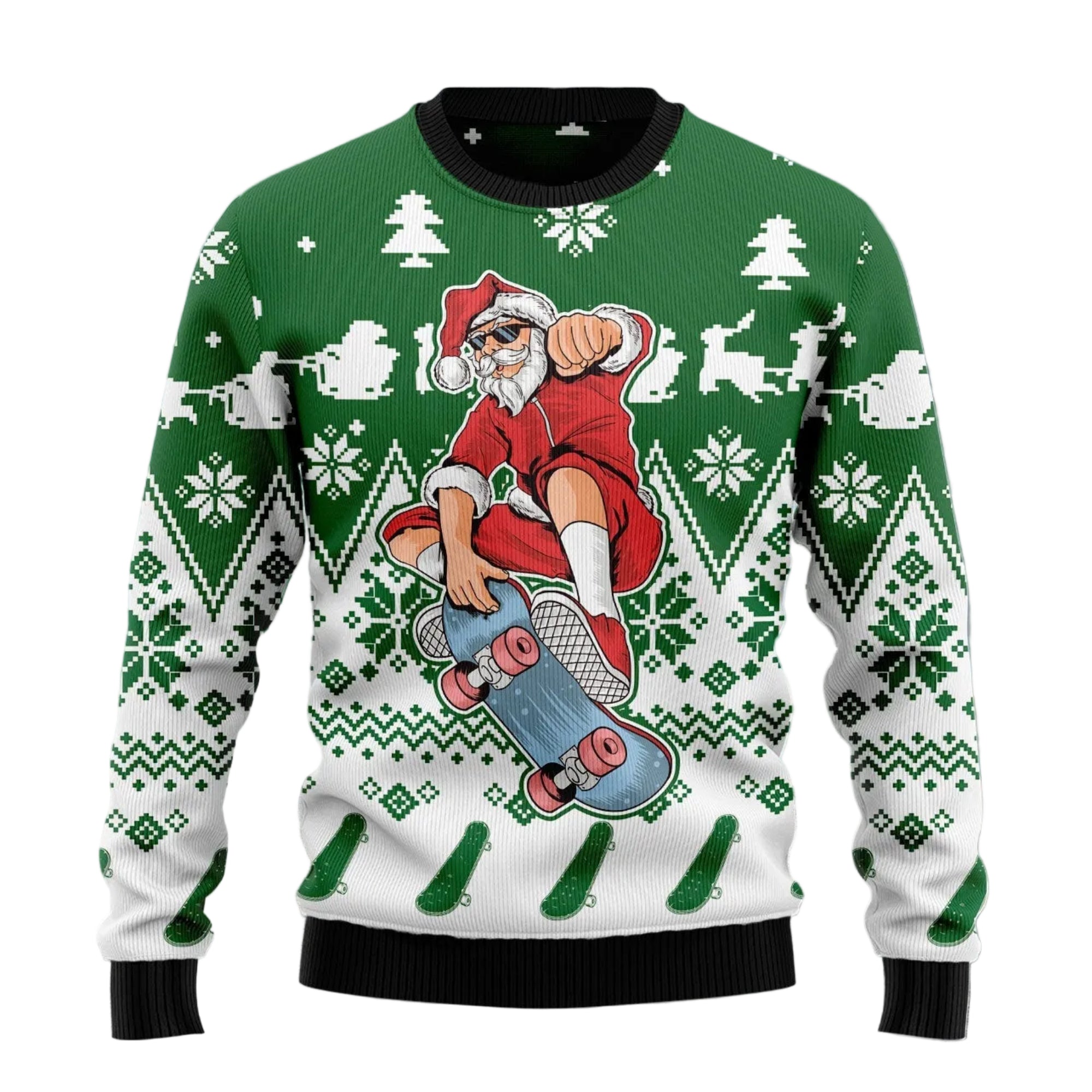 Santa Claus Skateboarding Ugly Christmas Sweater, Skater Holiday Pullover for Skateboarders and Skateboarding Fans