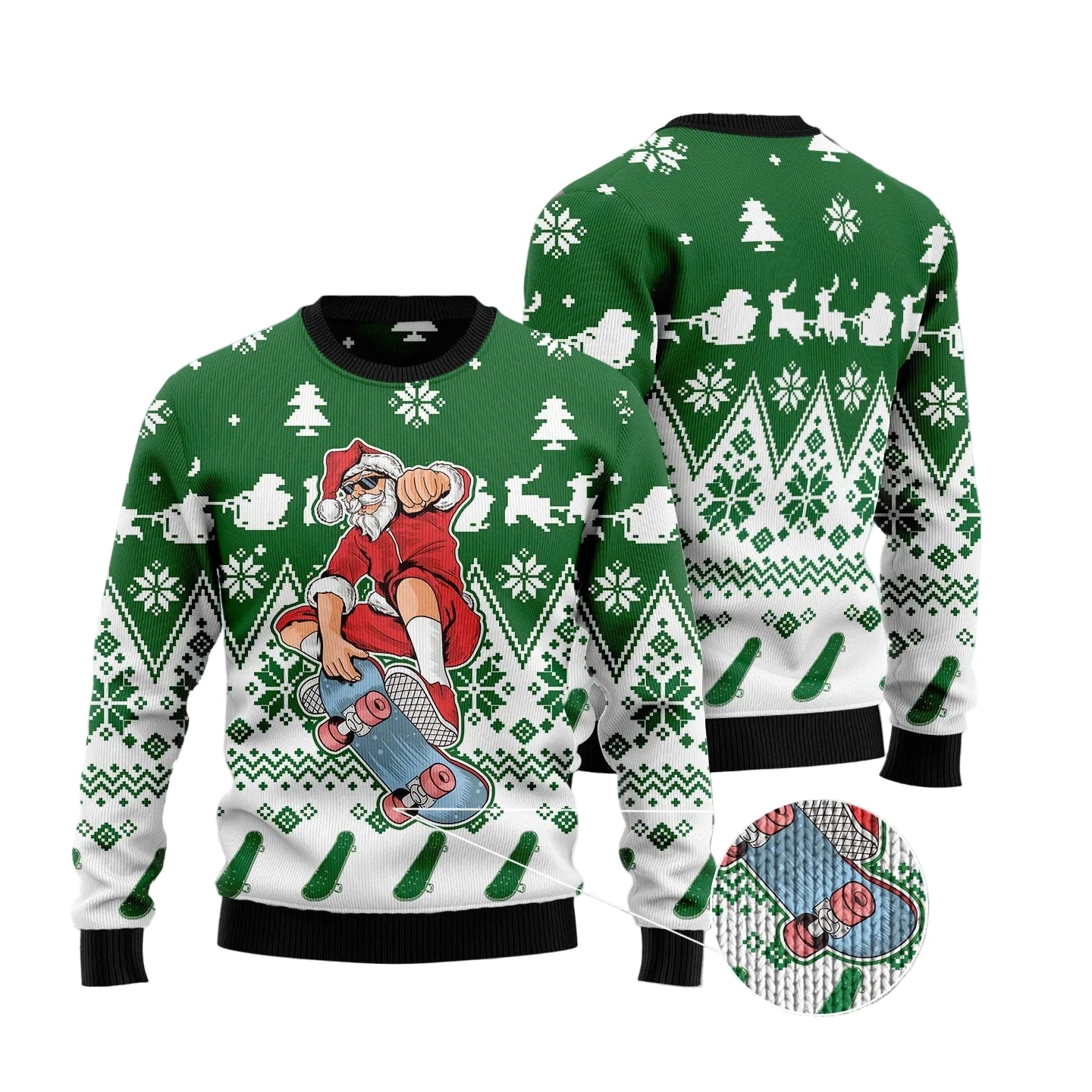 Santa Claus Skateboarding Ugly Christmas Sweater, Skater Holiday Pullover for Skateboarders and Skateboarding Fans
