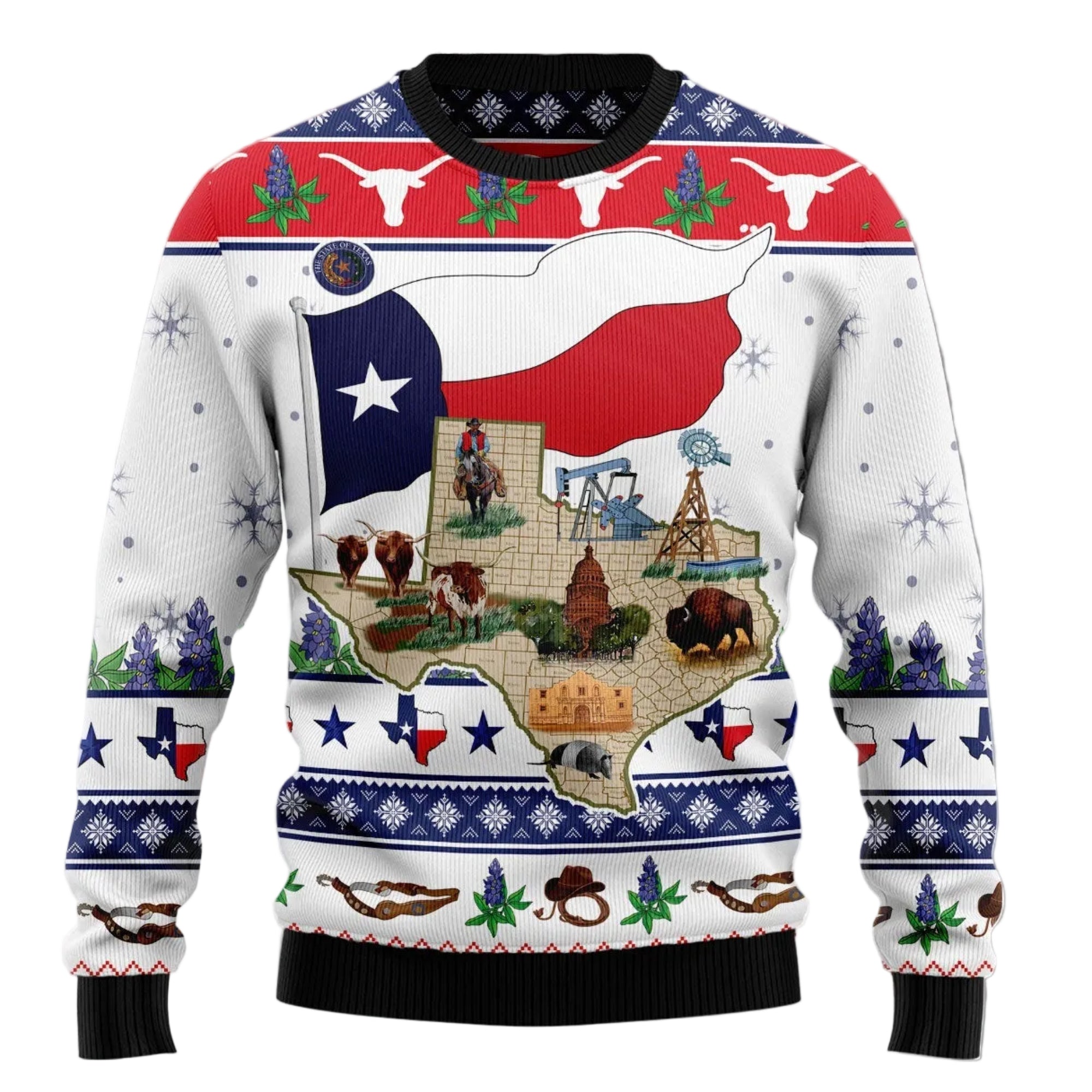 A long-sleeve Christmas sweater with a Texas-themed graphic design, featuring the state of Texas filled with cowboy boots, a horseshoe, a cattle drive, and a bison, overlaid on a Texas flag motif. The sweater has festive knit patterns on the sleeves and hem, and is displayed against a light background with white snowflakes.
