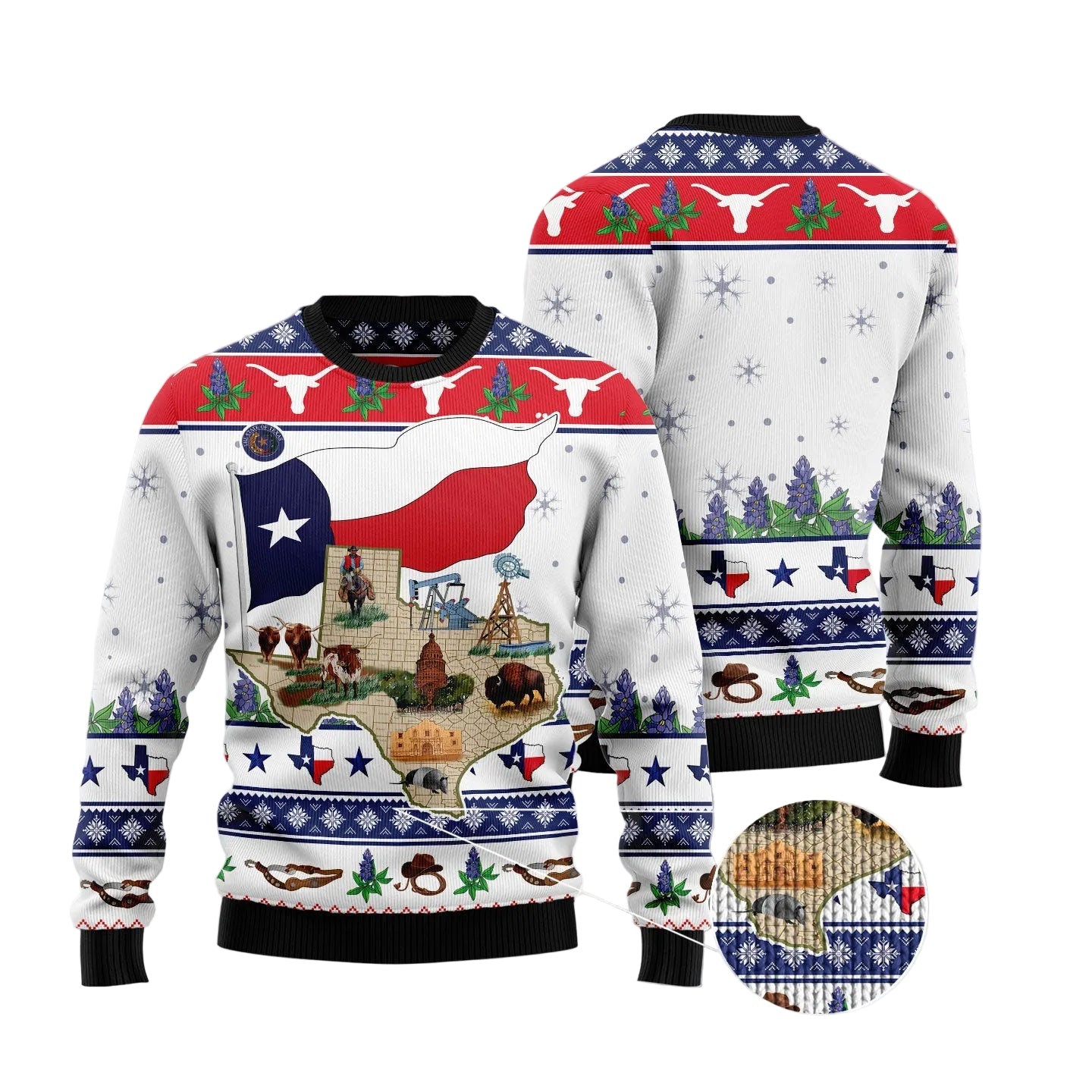 A Texas-themed Christmas sweater shown from the front and back, featuring a white base with red and blue holiday patterns, a large Texas state map graphic with the Texas flag, and winter motifs like stars, snowflakes, and pine trees. A circular inset at the bottom right shows a close-up of the knit pattern.