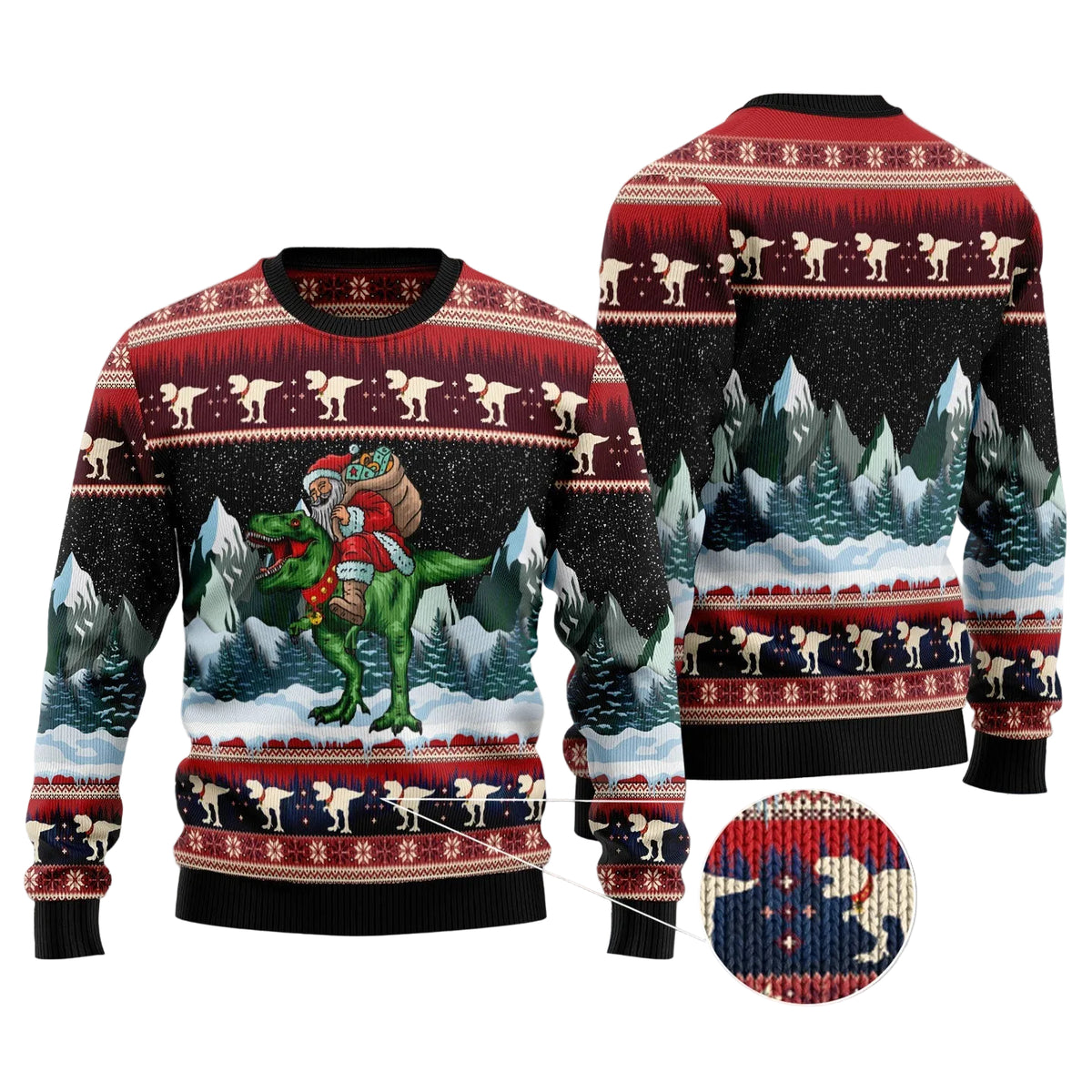 T-Rex Santa Claus Ugly Christmas Sweater, Unisex Xmas Party Outfit, Fun Holiday Gift for Dinosaur and T-Rex Fans