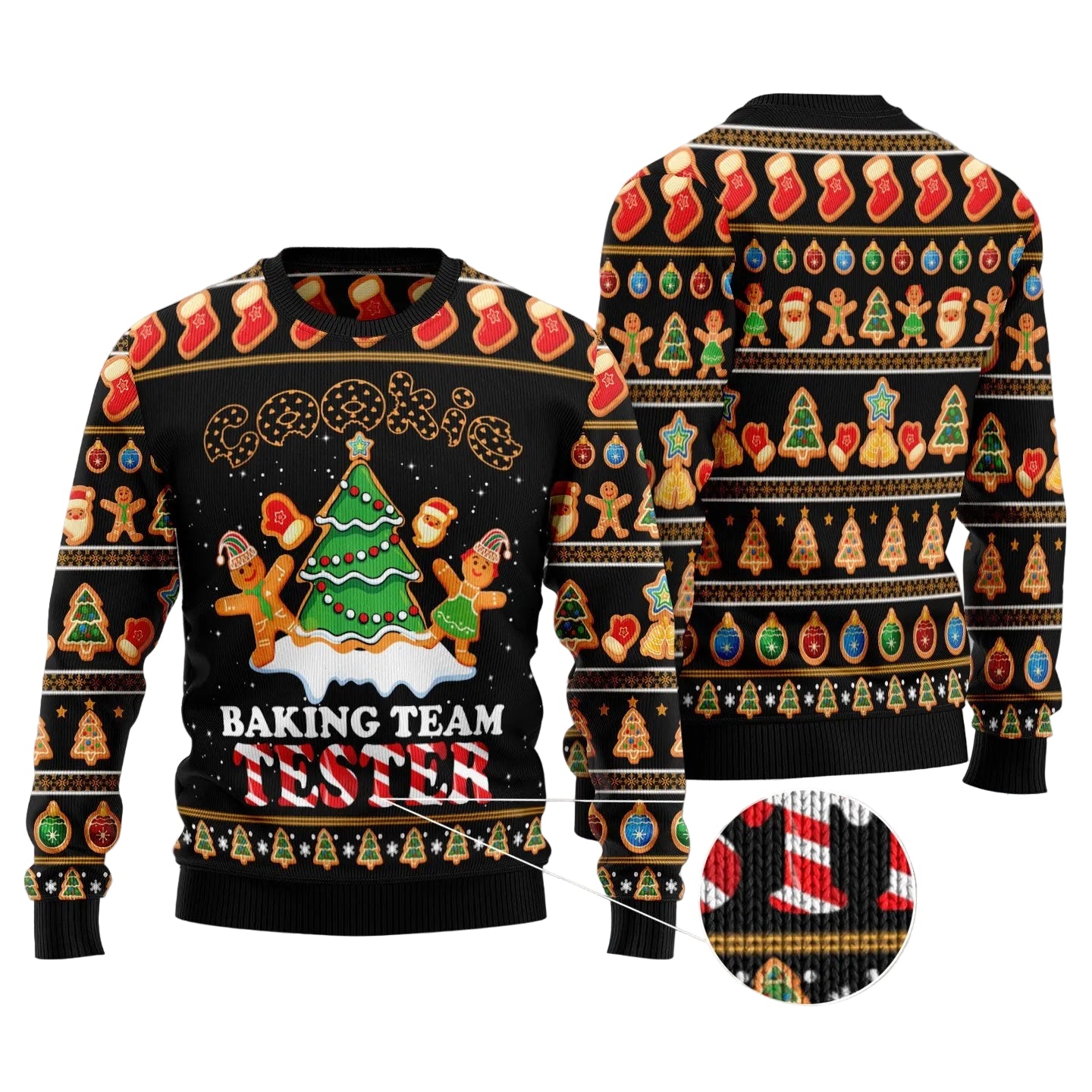 A black Christmas-themed crewneck sweater shown from the front and back on a gray textured background. The front features a large graphic of a decorated Christmas tree with gingerbread men and the text 'BAKING TEAM TESTER'.
