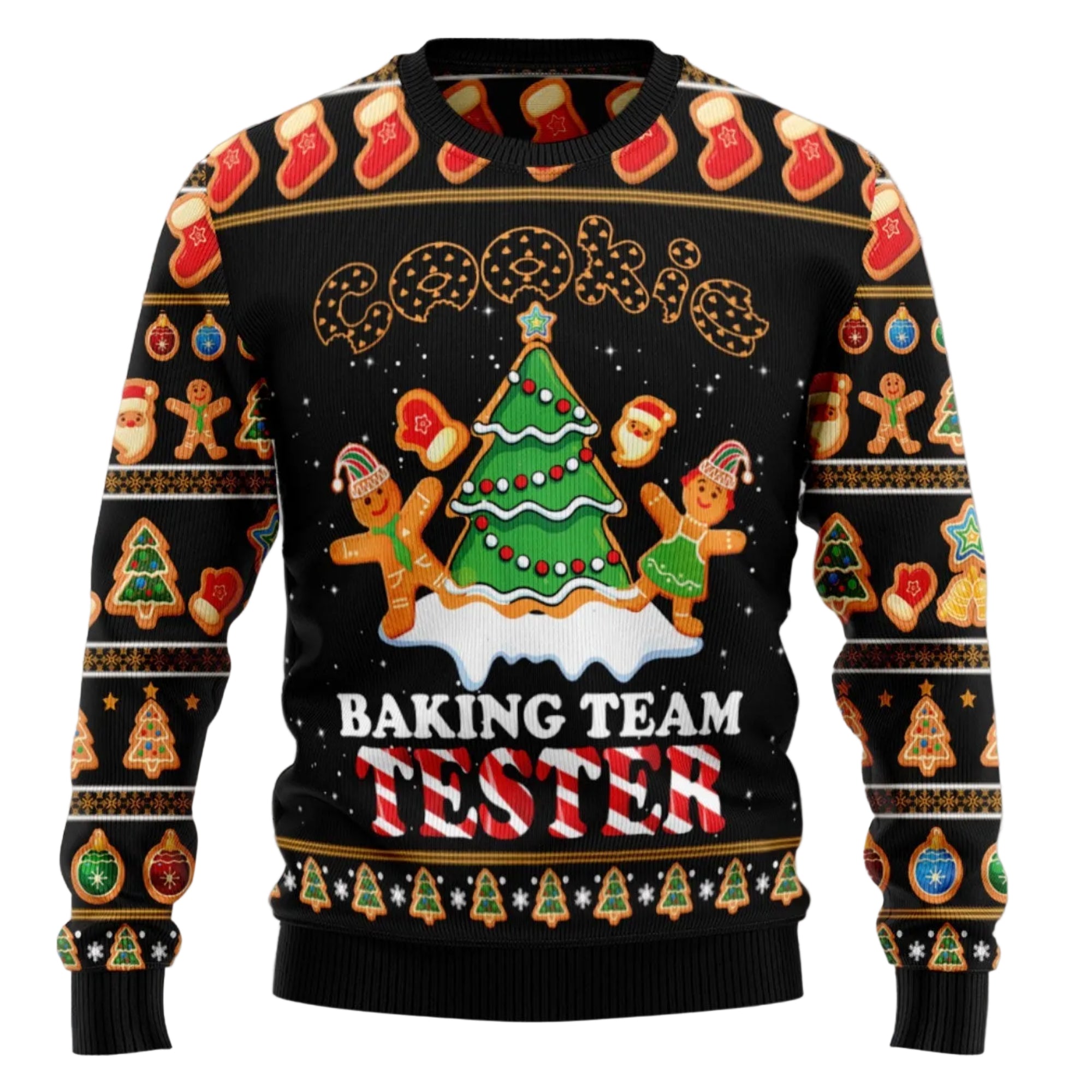 A black crewneck Christmas sweater with a festive 'Baking Team Tester' graphic on the front, featuring gingerbread cookies, a decorated Christmas tree, and red-and-white striped stockings along the sleeves and hem, displayed on a textured gray background.