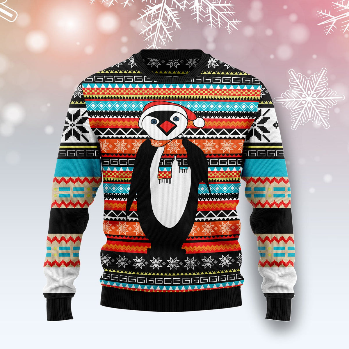 Colorful Pattern Penguin Ugly Christmas Sweater | Unisex Holiday Party Outfit | Holiday Gift for Penguin Lovers