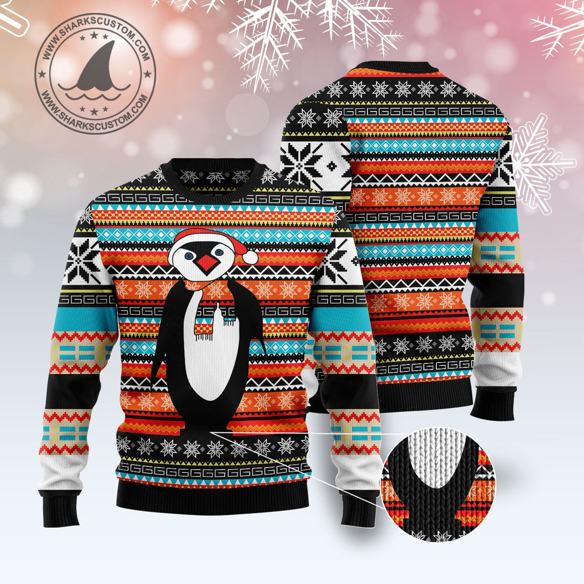 Colorful Pattern Penguin Ugly Christmas Sweater | Unisex Holiday Party Outfit | Holiday Gift for Penguin Lovers