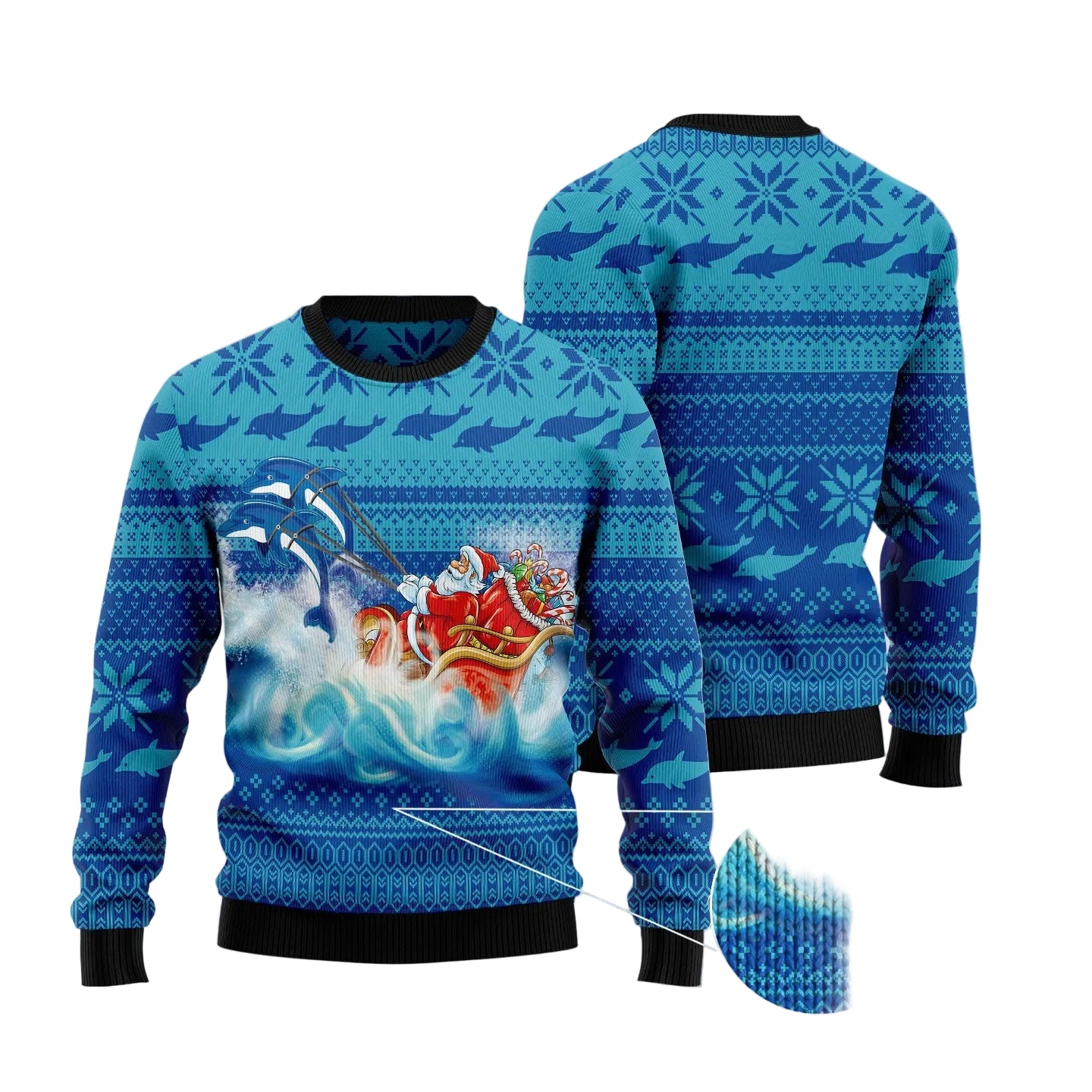 Dolphin Riding Waves With Santa Ugly Christmas Sweater, Holiday Party Pullover for Dolphin Lovers and Ocean Fans