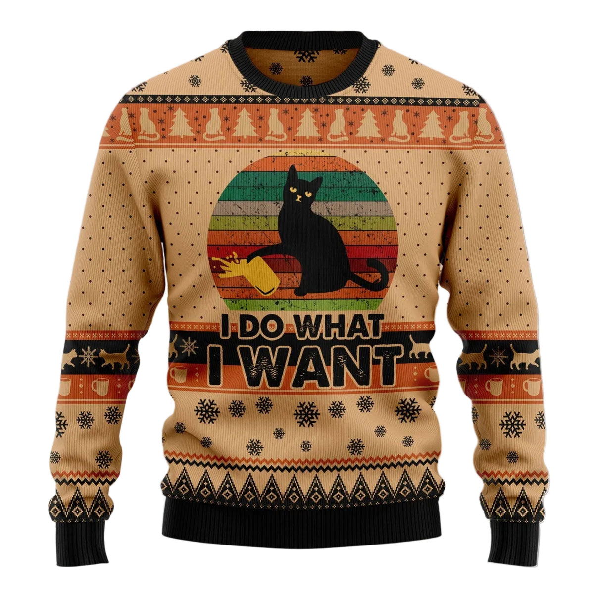 I Do What I Want Black Cat Ugly Christmas Sweater, Funny Black Cat Pullover for Cat Owners, Fun Xmas Party Clothing