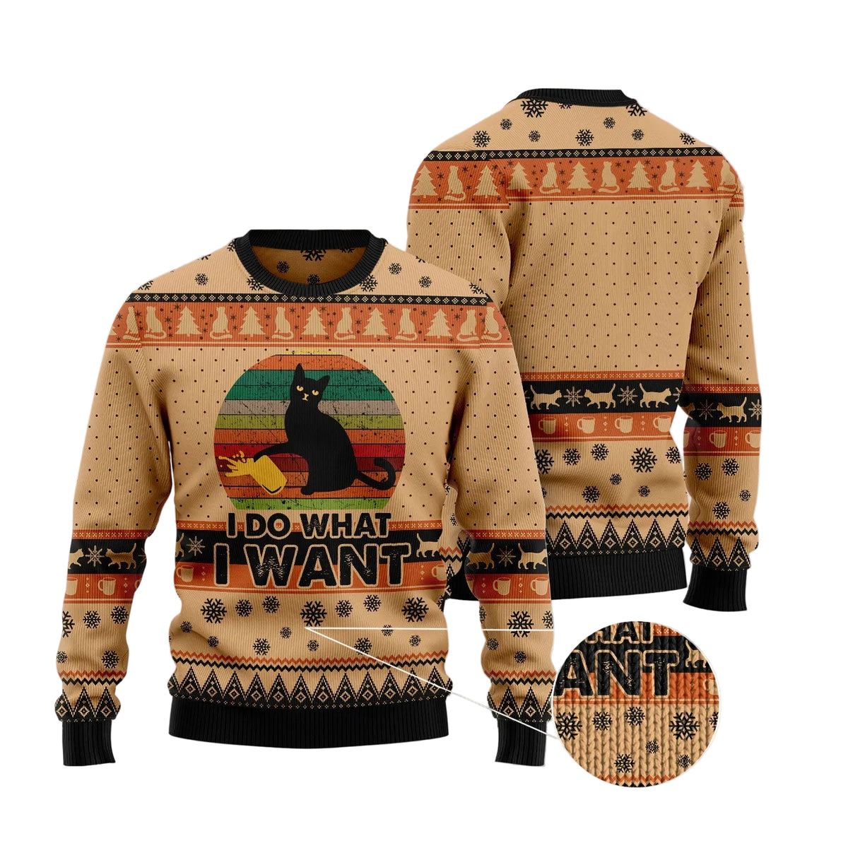 I Do What I Want Black Cat Ugly Christmas Sweater, Funny Black Cat Pullover for Cat Owners, Fun Xmas Party Clothing