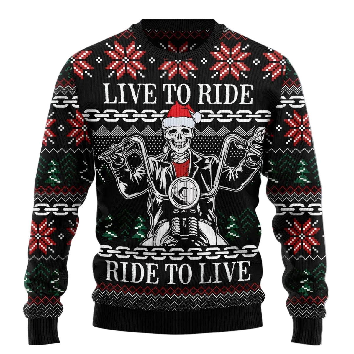 Live to Ride Motorbike Skeleton Ugly Christmas Sweater, Unisex Holiday Party Outfit, Gift for Motorcycle Riders