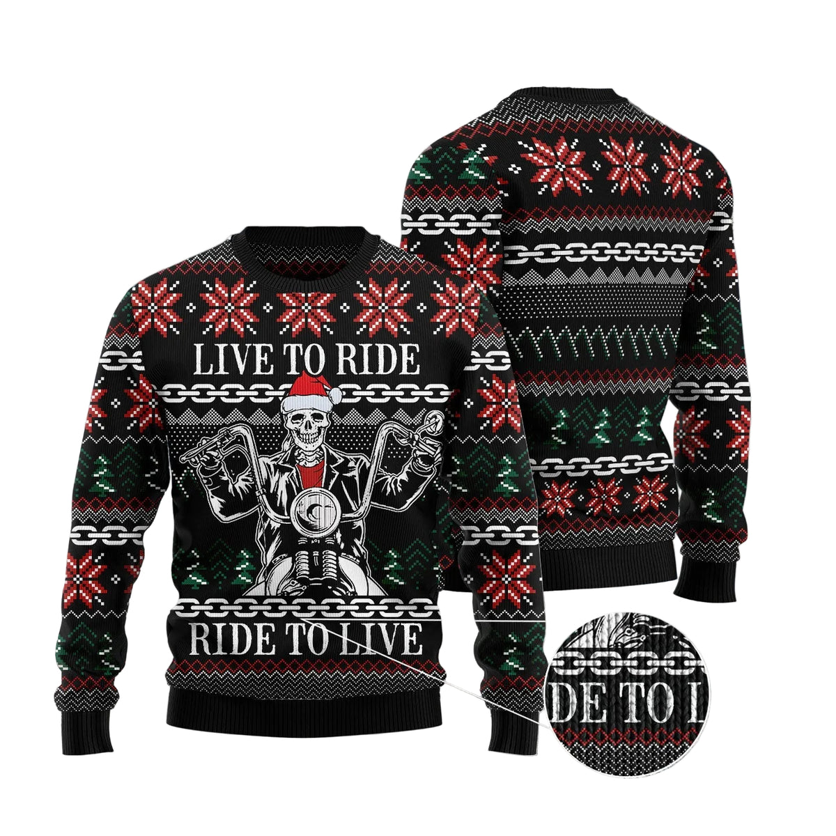A black Christmas sweater with a festive holiday pattern, featuring a skeleton riding a motorcycle with the text 'LIVE TO RIDE' and 'RIDE TO LIVE'. The image shows both front and back views of the sweater, set against a snowy winter background with a shark custom logo overlay.