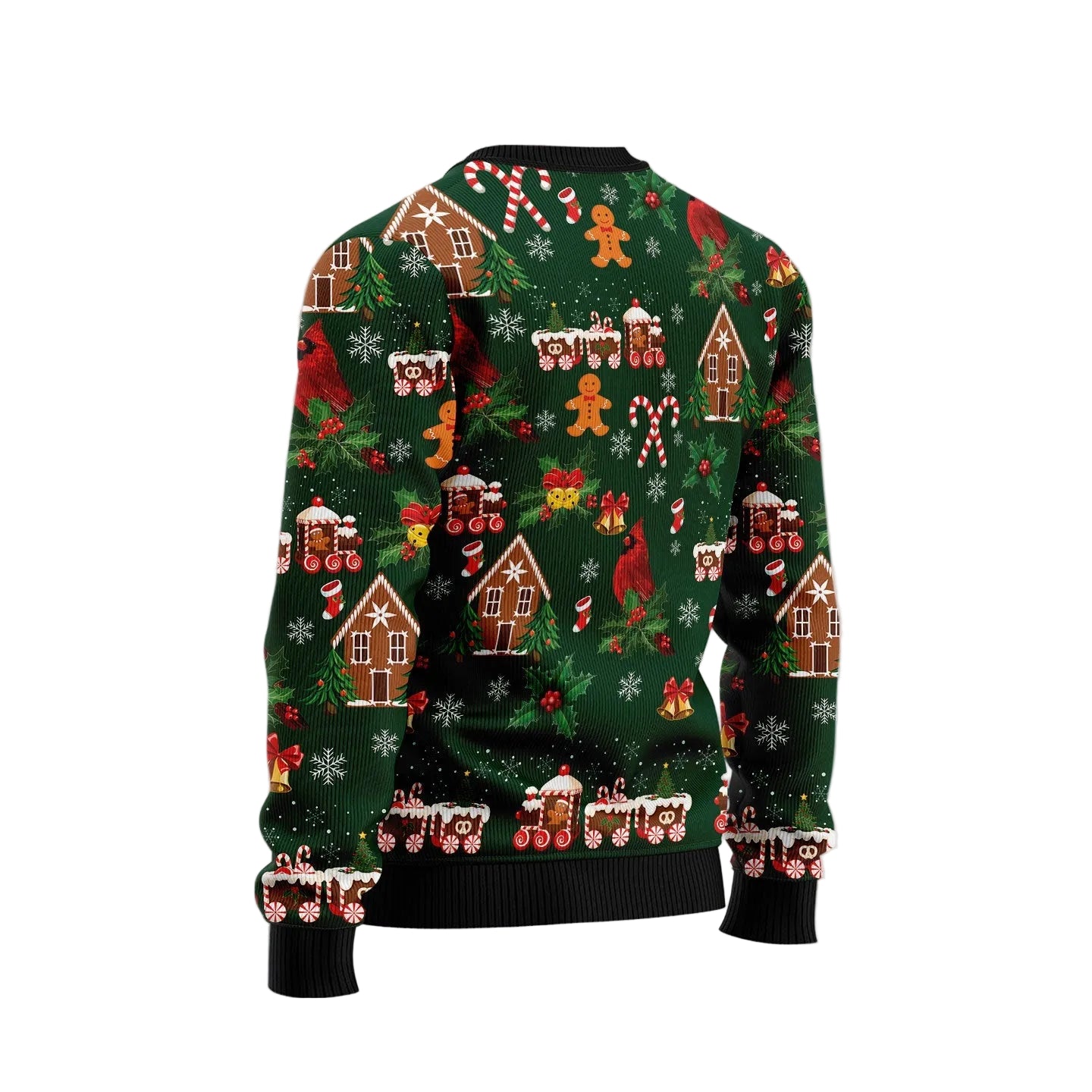 A Christmas-themed long-sleeve sweater shown from the back, featuring a festive print of gingerbread houses, candy canes, snowman trains, and snowflakes on a dark green background. The image has a light blue-to-pink gradient background with white snowflake graphics and a circular watermark logo in the top left corner.