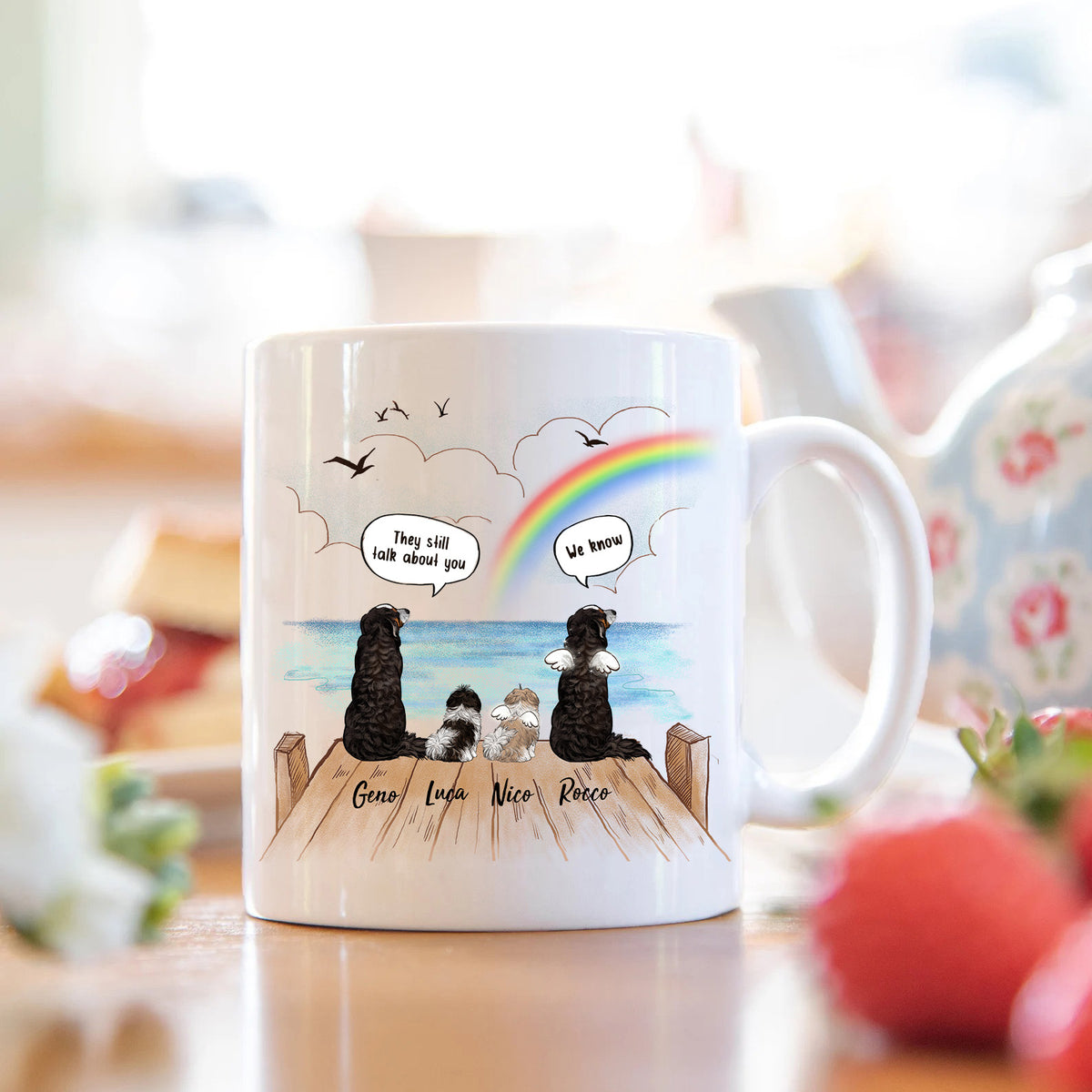 Personalized dog memorial gifts - Rainbow bridge - Coffee Mug - They still talk about you conversation - Wooden Dock