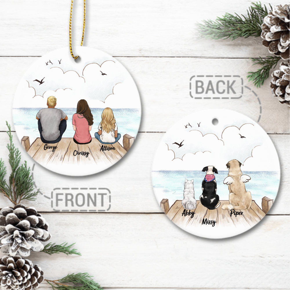 Personalized Christmas Ceramic Ornaments gifts with the whole family & dog & cat (2 sides 2 designs) - Wooden Dock