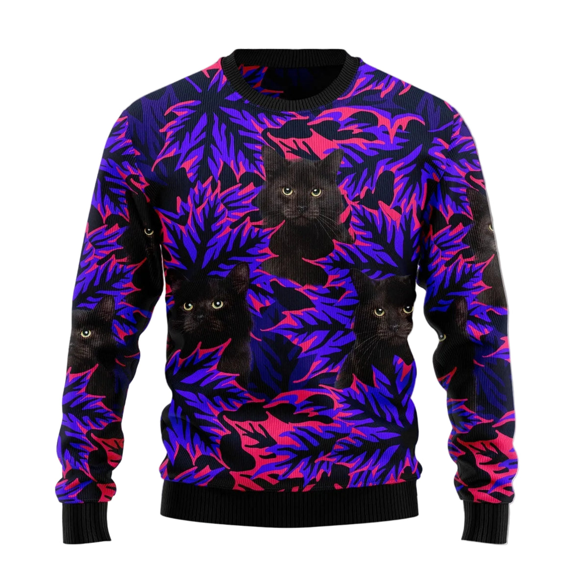 Black Cat Leaves Ugly Christmas Sweater, Black Cat Lover Holiday Outfit, Festive Xmas Party Pullover and Gift