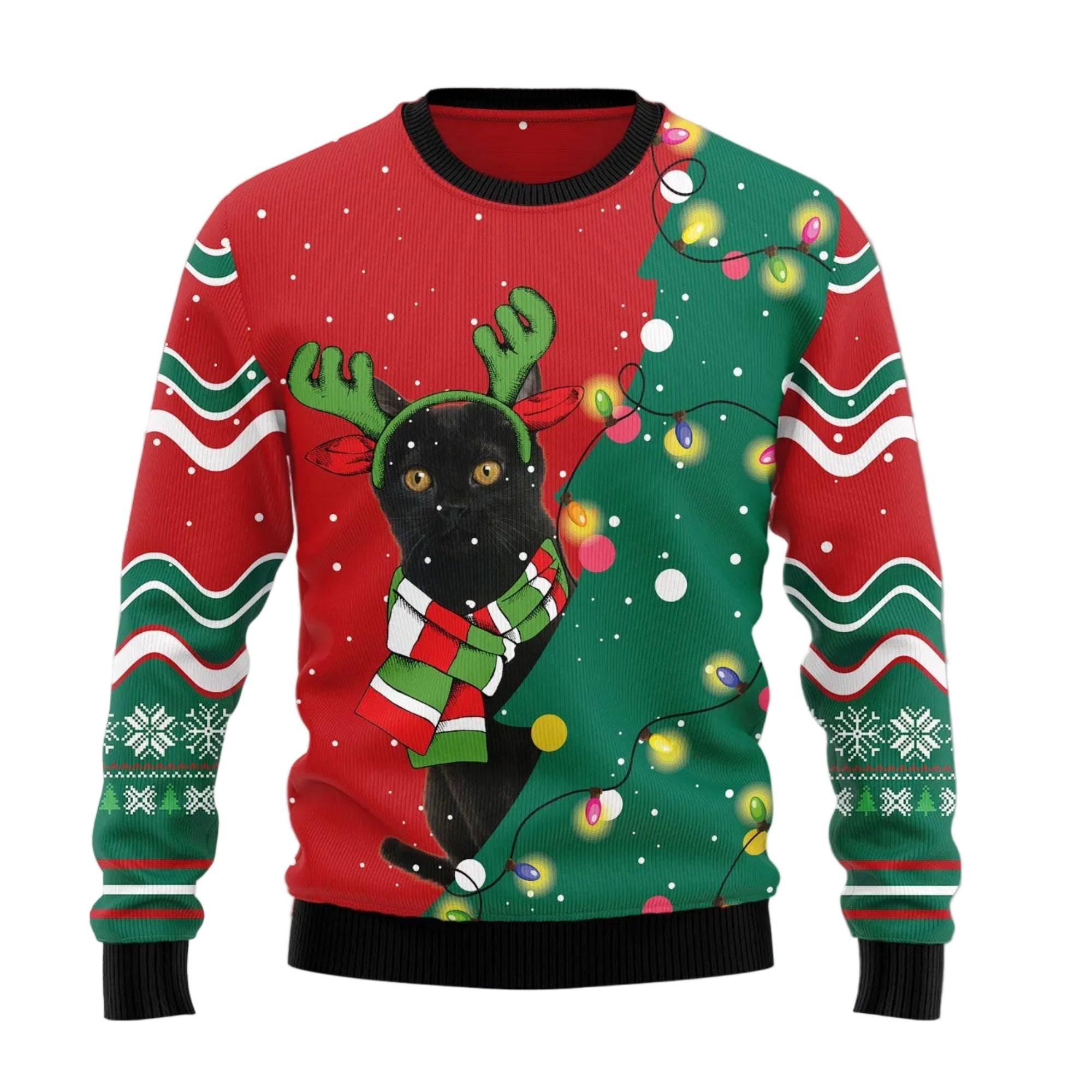 Black Cat Christmas Tree Ugly Christmas Sweater, Black Cat and Christmas Tree Design Christmas Party Jumper