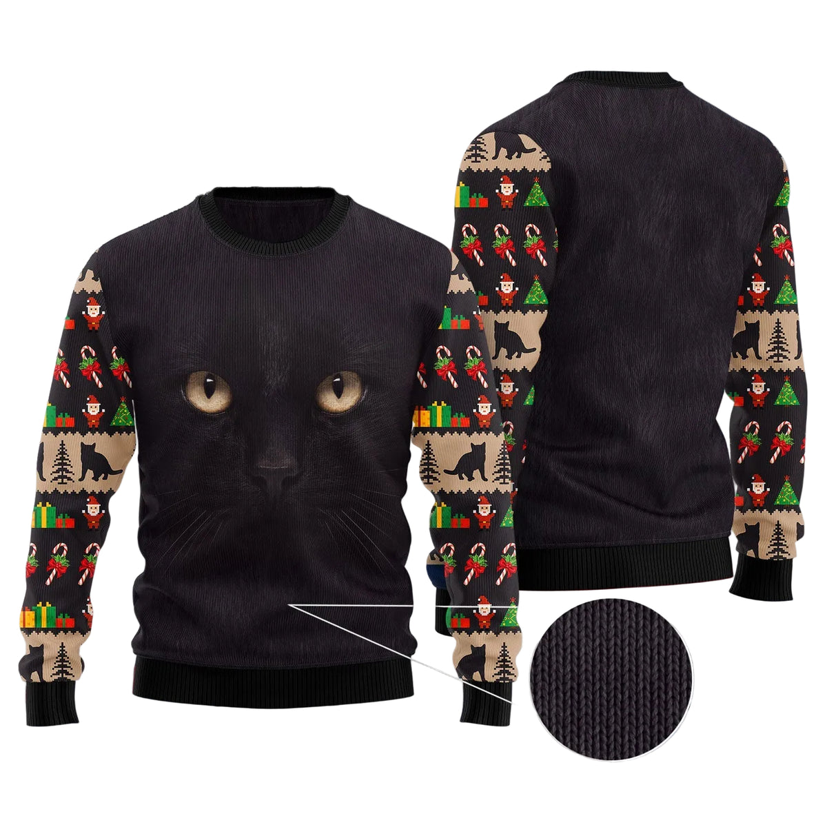Black Cat Cute Face Ugly Christmas Sweater, Cute Black Cat Holiday Print, Seasonal Gift for Black Cat Lovers