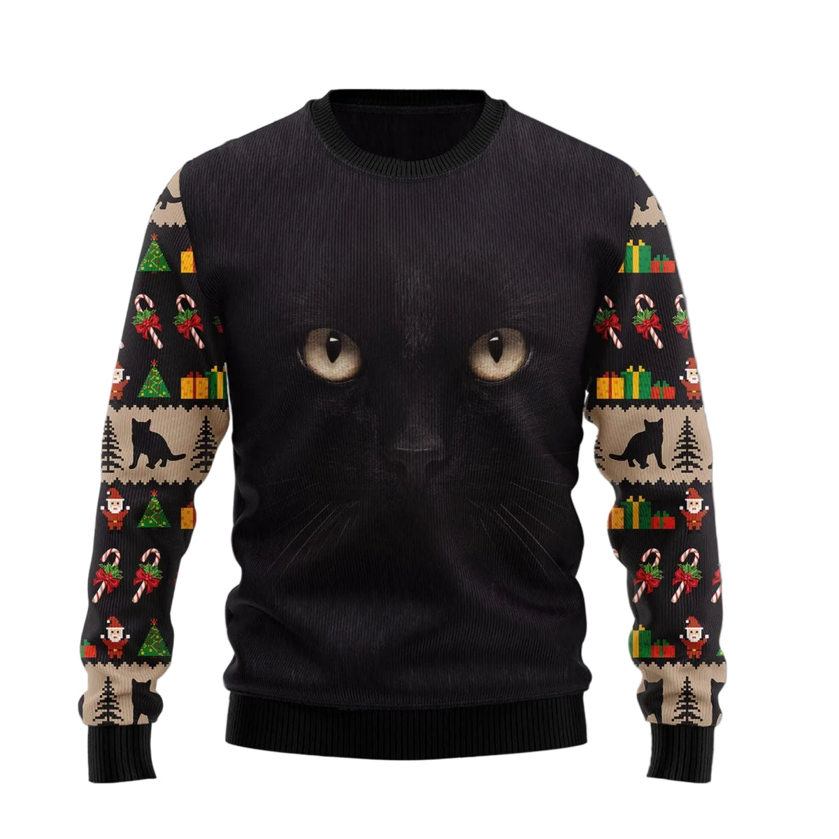 Black Cat Cute Face Ugly Christmas Sweater, Cute Black Cat Holiday Print, Seasonal Gift for Black Cat Lovers