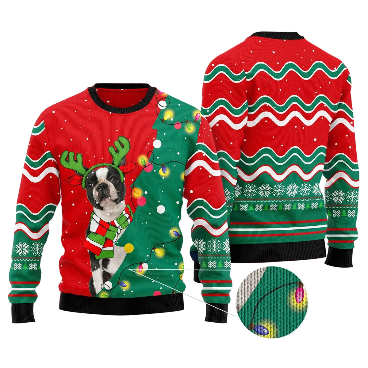 Boston Terrier Christmas Tree Ugly Christmas Sweater, Dog Lover Holiday Party Outfit and Gift for Boston Terrier Fans