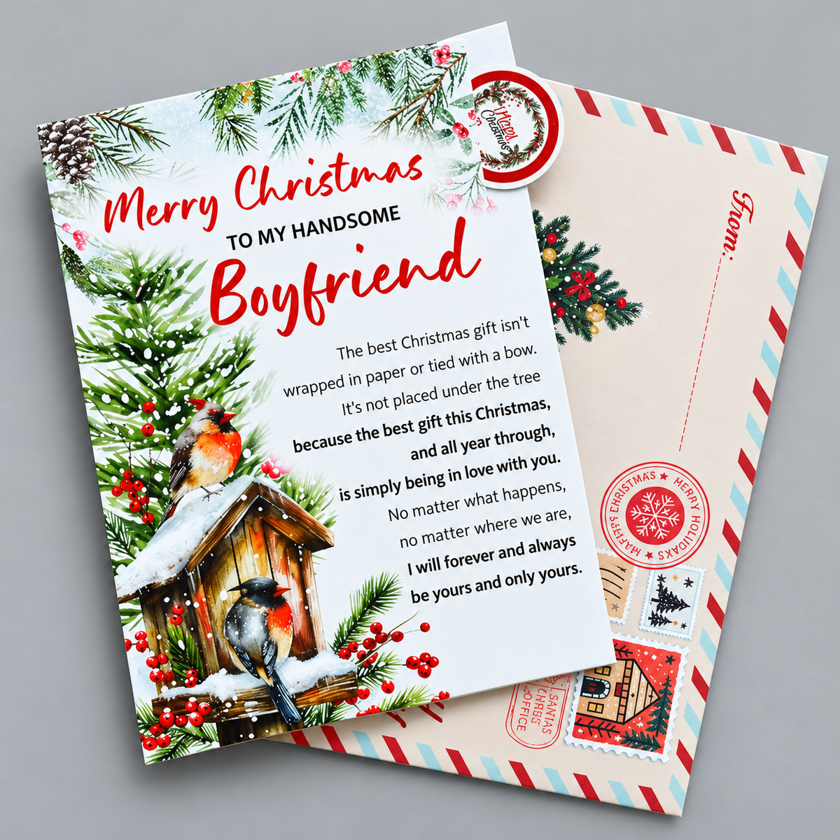 Christmas Card for Boyfriend with Envelope and Seal – Cute Merry Holiday Greeting