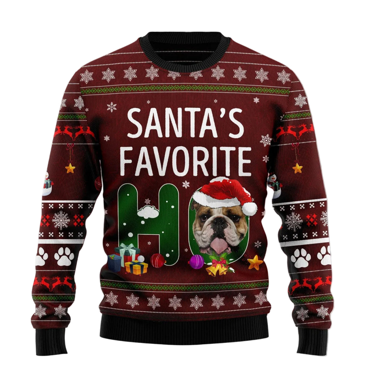 Bulldog Santa's Favorite Ho Ugly Christmas Sweater, Funny Bulldog Santa Holiday Print, Seasonal Gift for Bulldog Owners