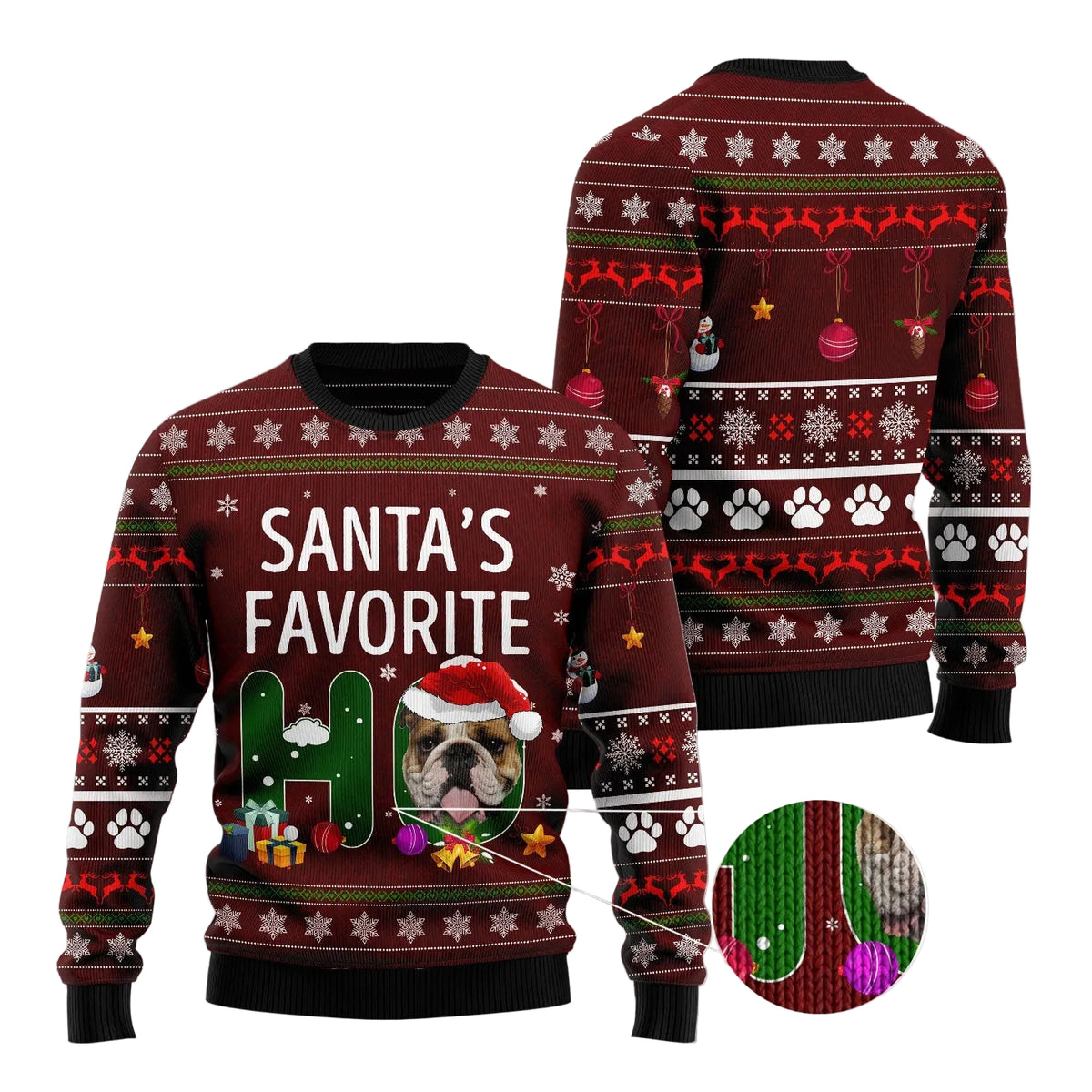 Bulldog Santa's Favorite Ho Ugly Christmas Sweater, Funny Bulldog Santa Holiday Print, Seasonal Gift for Bulldog Owners