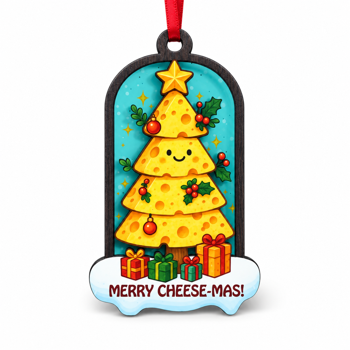 Cheese Christmas Ornament, Wood and Acrylic Tree Decor, Cute Foodie Gift for Cheese Lovers, Food Lovers, Friends and Family