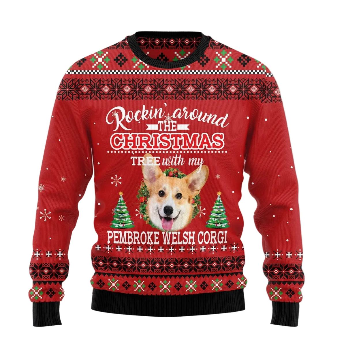 Pembroke Welsh Corgi Rockin' Ugly Christmas Sweater, Rockin' Corgi Dog Holiday Design, Holiday Sweater for Adults