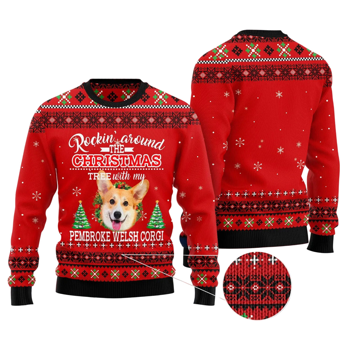 Pembroke Welsh Corgi Rockin' Ugly Christmas Sweater, Rockin' Corgi Dog Holiday Design, Holiday Sweater for Adults