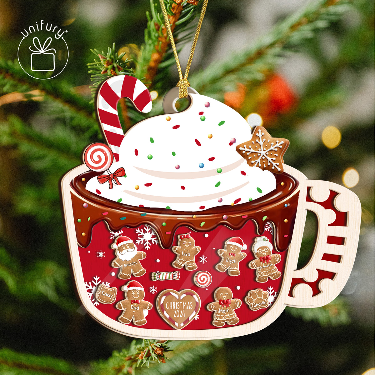 Custom Gingerbread Hot Chocolate Pet Family 4D Shaker Ornament
