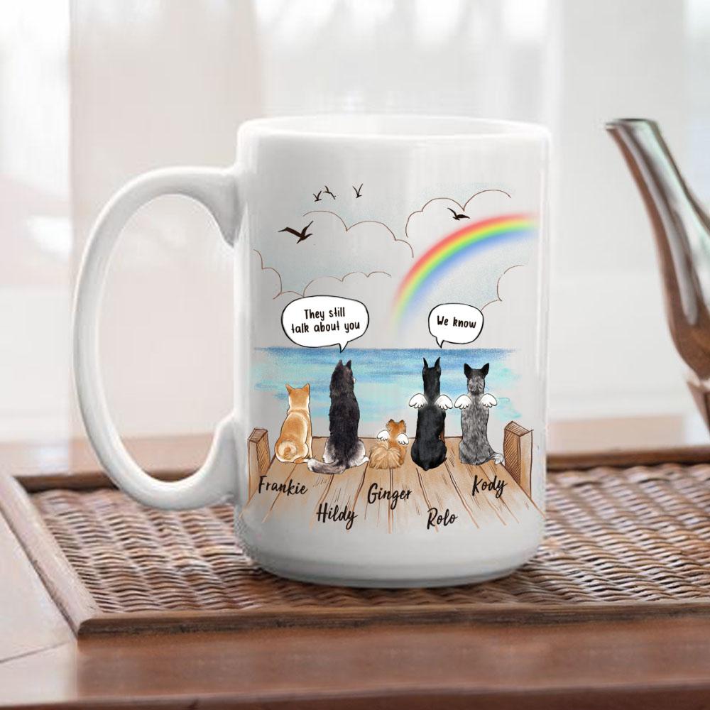 dog sitting on wooden dock and saying still talk to you 15oz mug dog memorial gift