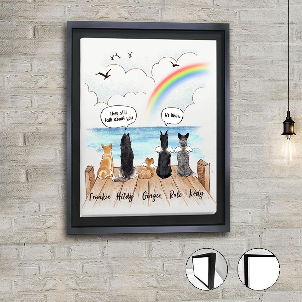dog sitting on wooden dock and saying still talk to you framed canvas dog memorial gift