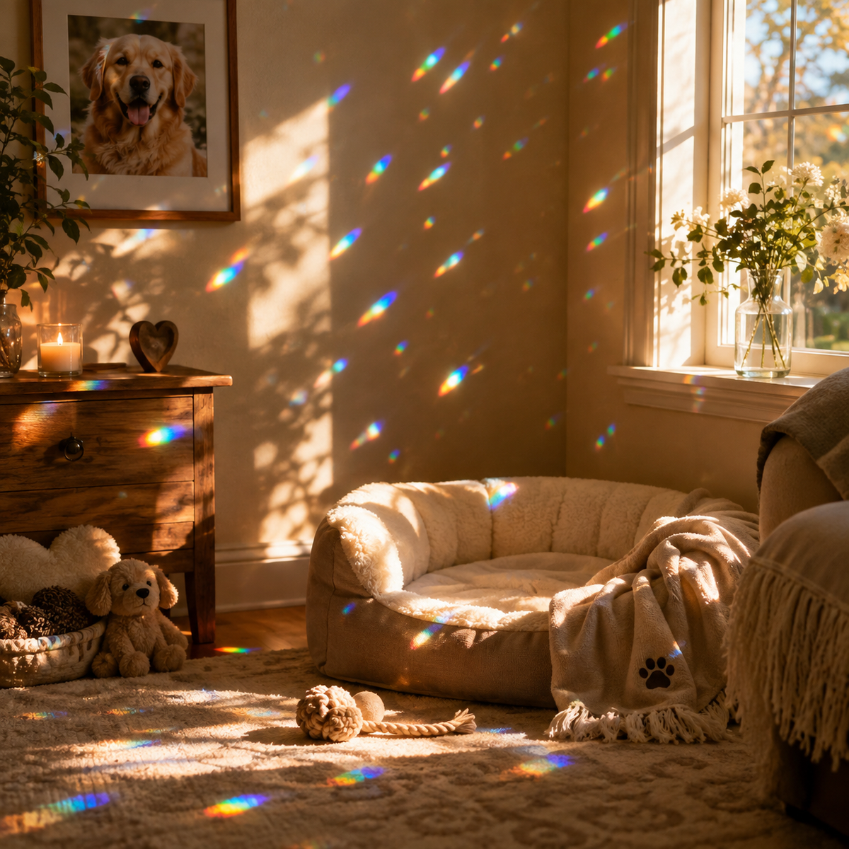 Rainbow light reflections from a crystal pet memorial suncatcher filling a warm sunlit room