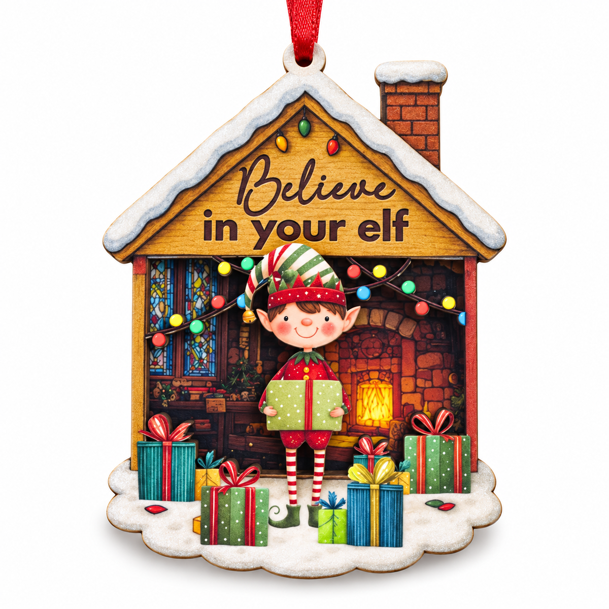 Elf Christmas Ornament, Wood and Acrylic Tree Decoration, Traditional Holiday Keepsake Gift for Family, Friends and Christmas Lovers